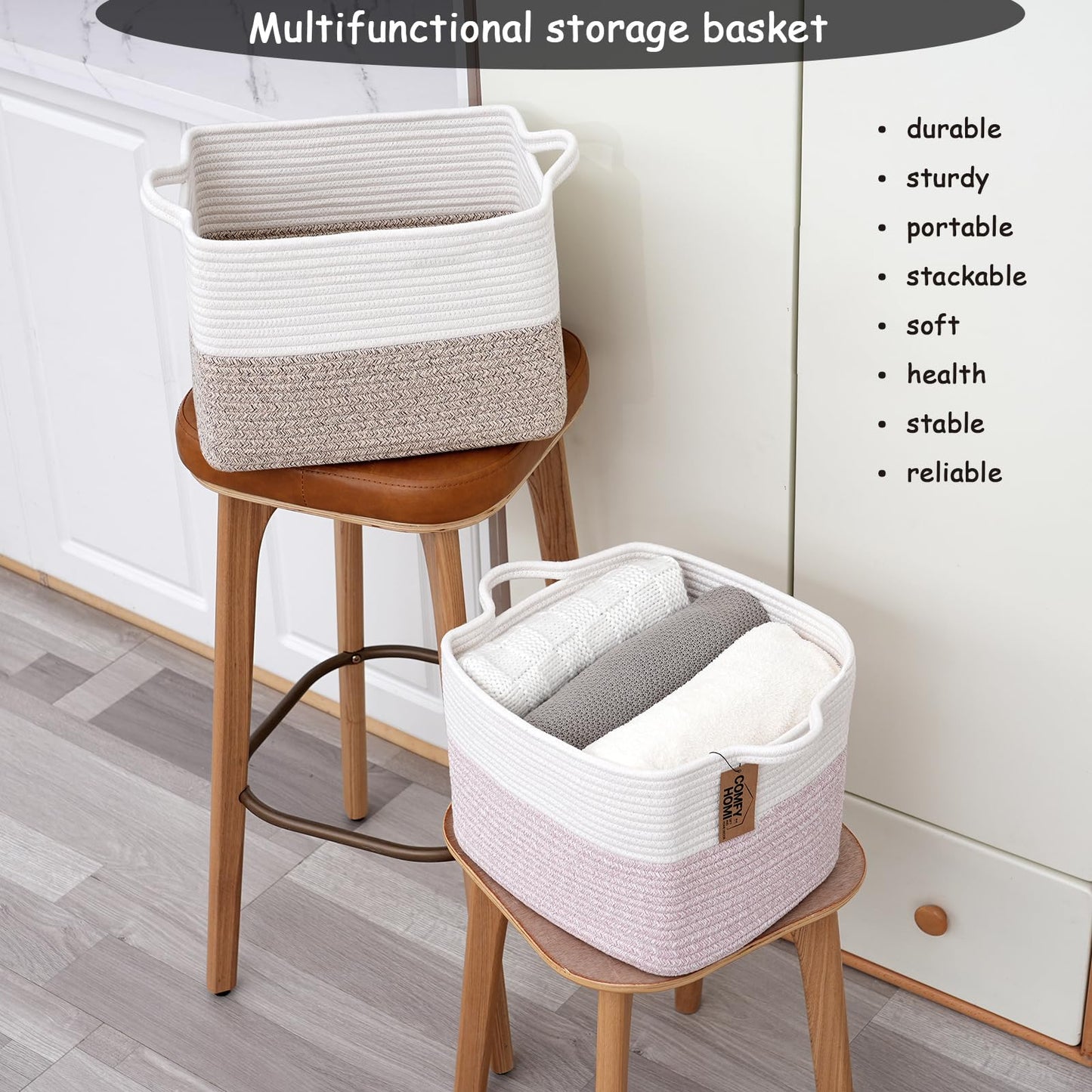 COMFY-HOMI Cesta tejida de cuerda de algodón con asas para estantes, juguetes, libros, cestas de almacenamiento de tela para organizar, 1 organizador decorativo de juguete para sala de estar, baño