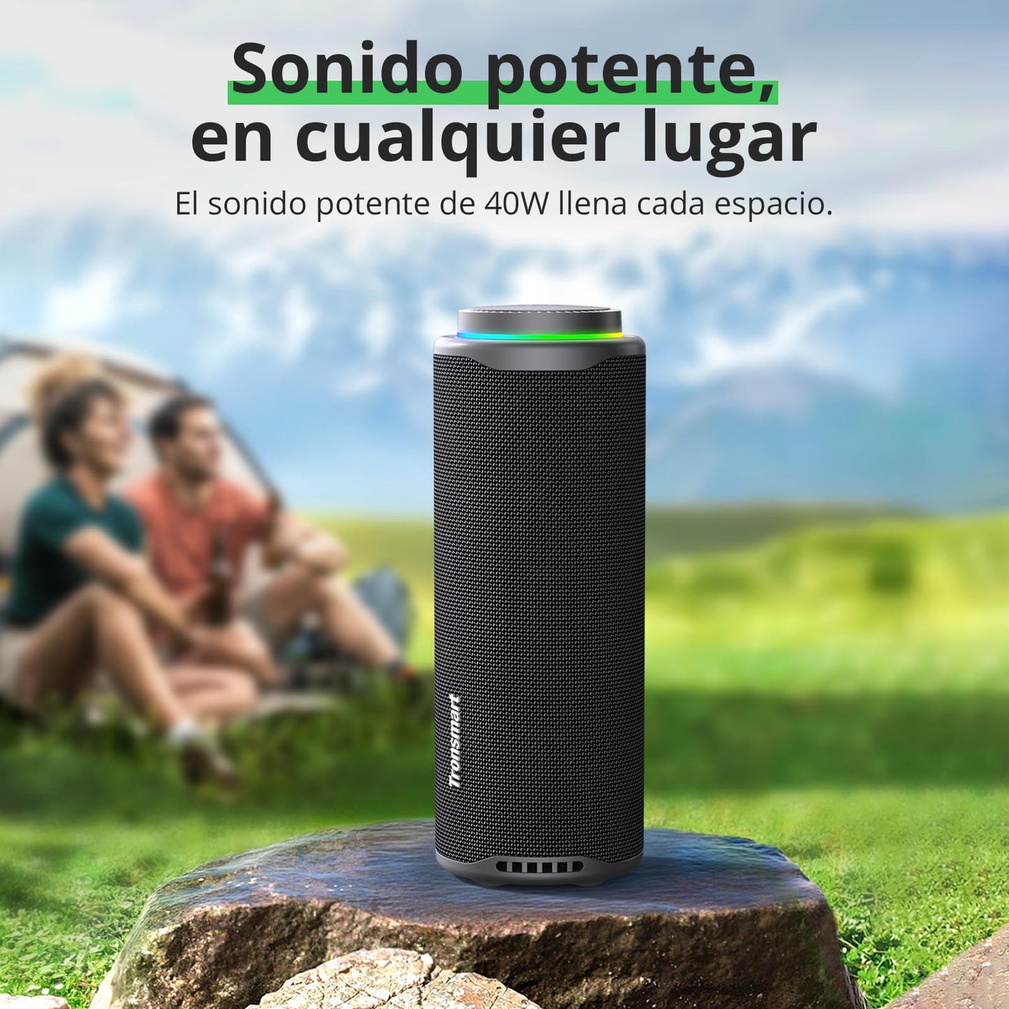 Tronsmart T8 Bocina Bluetooth Portátil para Exteriores, Sonido más Potente y nítido de 40W, Sonido de 360°, Audio de 2.1 Canales, IPX7, Personalizados Audio y Luces, cordón portátil (Negro)