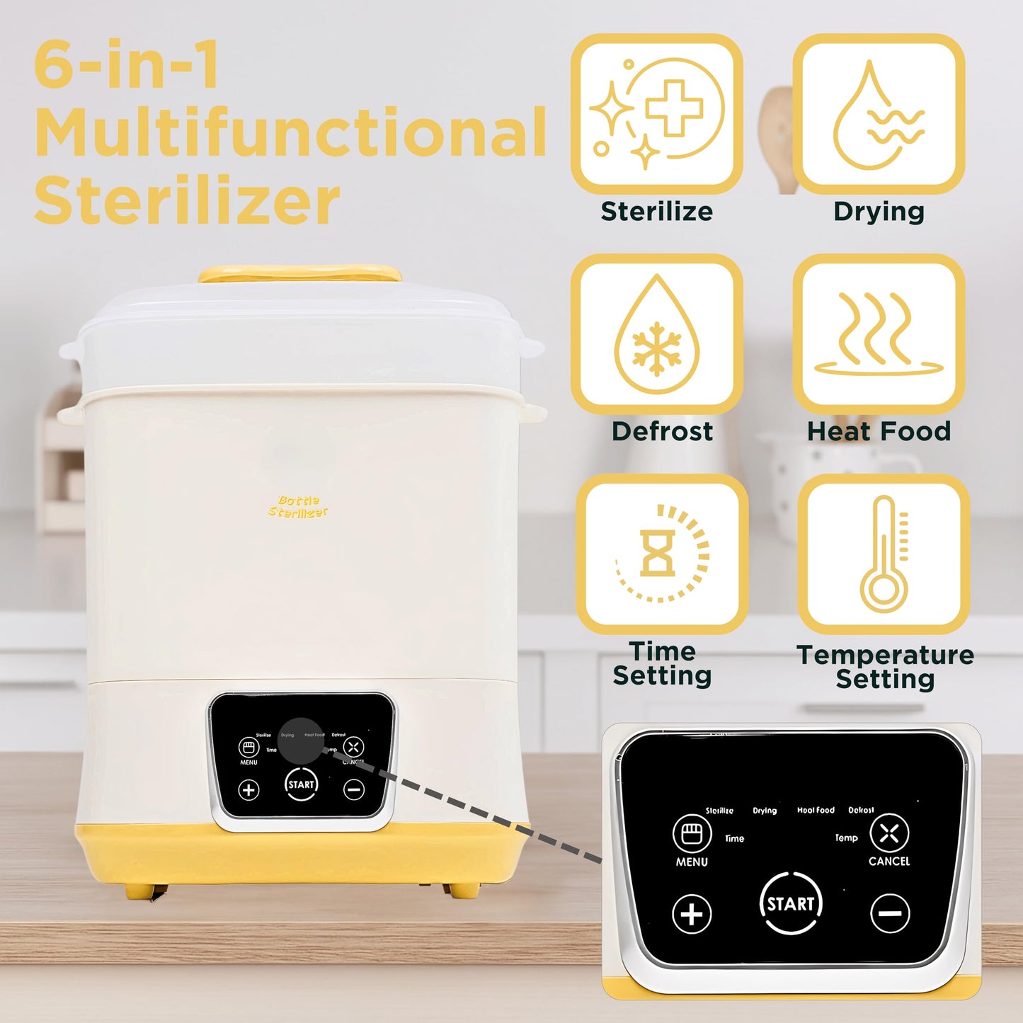 Calentador de biberones, esterili-zer y secadora de 600 W, capacidad de 12 botellas, esterilizador de vapor eléctrico multifuncional 5 en 1 con visualización táctil LED, desinfección y secado de vapor