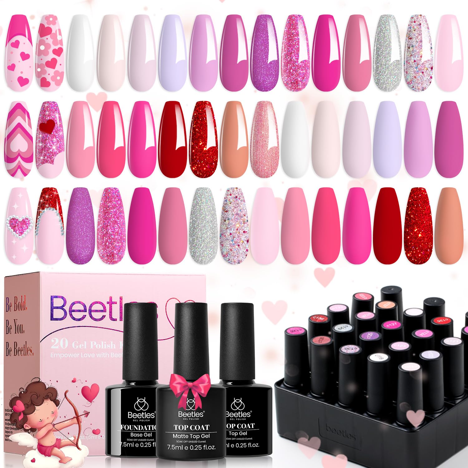 Beetles - Juego de esmalte de uñas en gel rosa, 20 colores, colección Alluring Sweetie, color nude, morado, purpurina, rojo, kit de manicura en gel ultravioleta con base, capa superior brillante y mate, regalo
