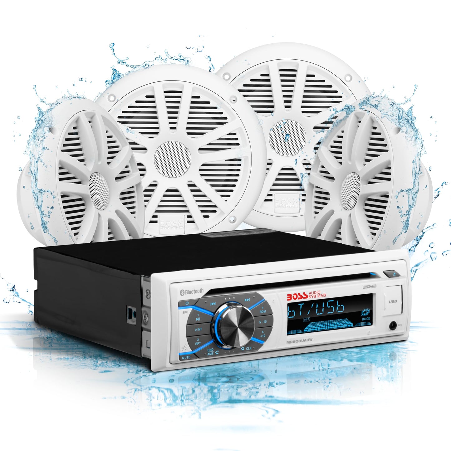 BOSS Audio MCK508WB.64S Receiver / Speaker Package, Bluetooth, CD/MP3/USB/SD AM/FM Marine Stereo, Wireless Remote, Four 6.5 Inch Speakers, Antenna, Auxiliary Cable