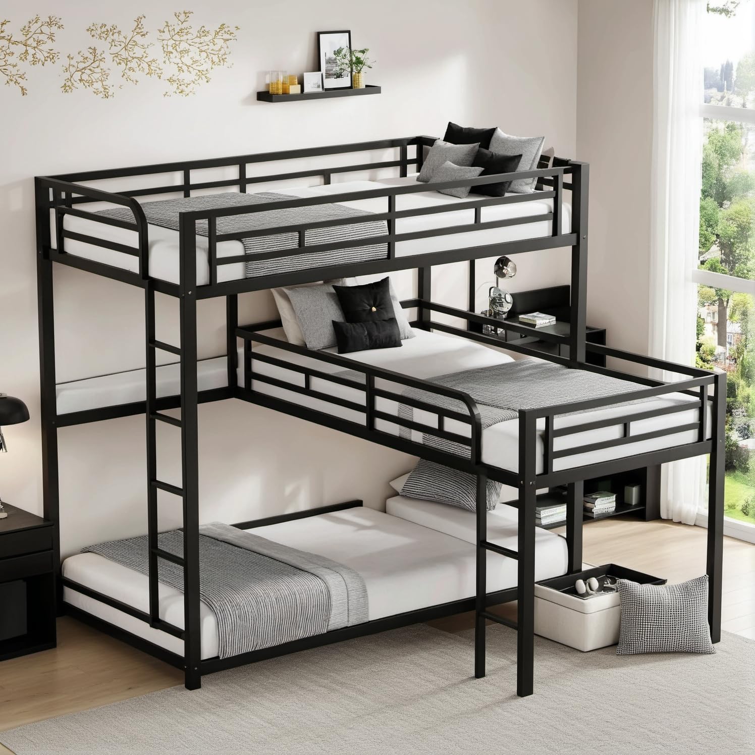 PVWIIK - Litera Triple con Escalera integrada y barandillas de Longitud Completa para 4 niños, litera de Metal en Forma de L, diseño de Ahorro de Espacio, no Necesita somier, Color Negro