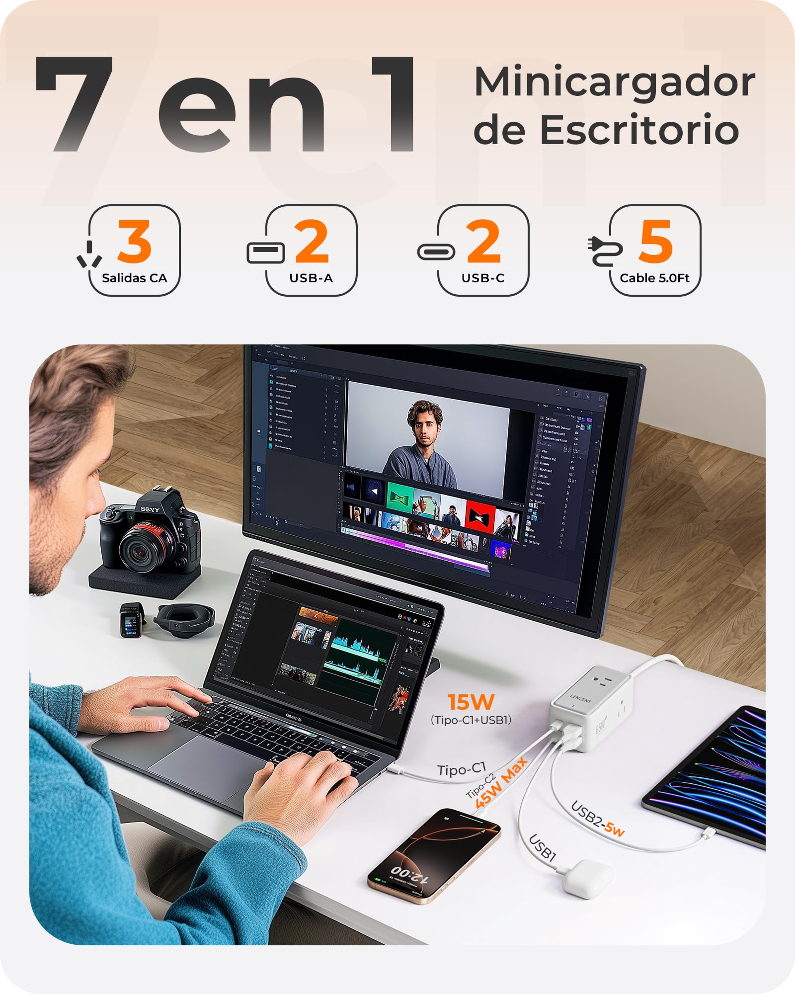 LENCENT Cargador USB C y PD 65W, Cargador Rápido GAN III Tech con 3 Tomas CA + 4 Puertos USB, Estación de Carga USB C de Cable para iPhone, iPad, Macbook, Galaxy, Huawei, Switch y más, Blanco