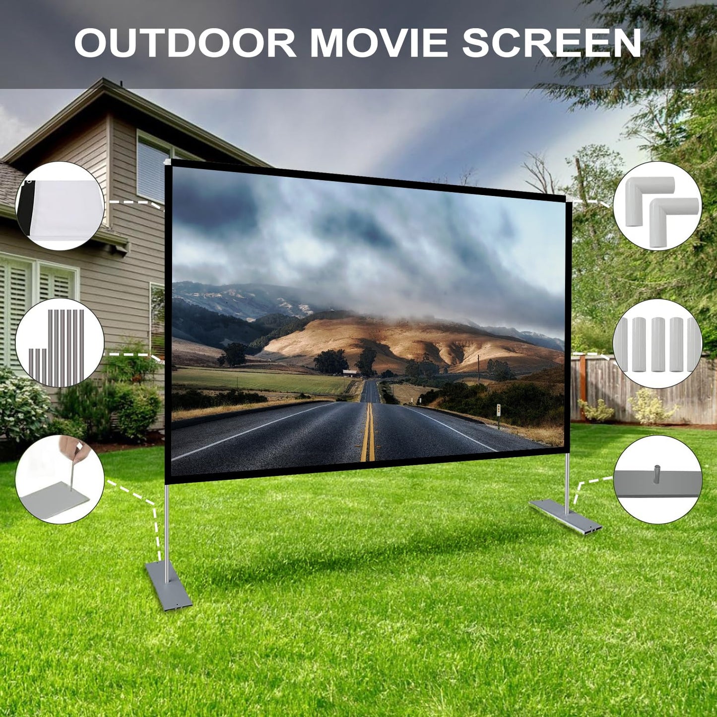 SKERELL - visualización de proyector para exteriores con soporte: visualización de proyección portátil para cine exterior, hogar, patio, películas de 80 pulgadas [SKLI-080]