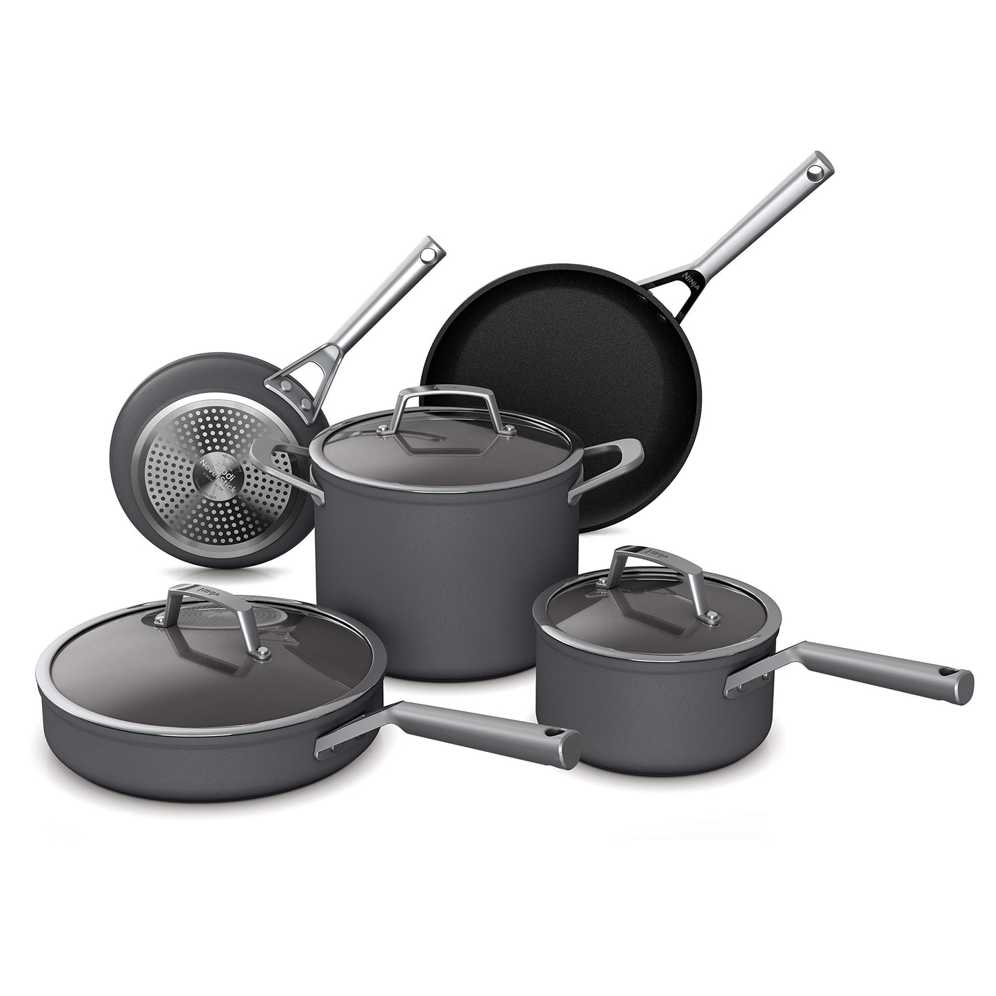Ninja C38000 Foodi NeverStick Juego de utensilios de cocina de alta calidad de 8 piezas con tapas de vidrio, anodizado duro, antiadherente, duradero y apto para horno hasta 500 °F, gris pizarrón