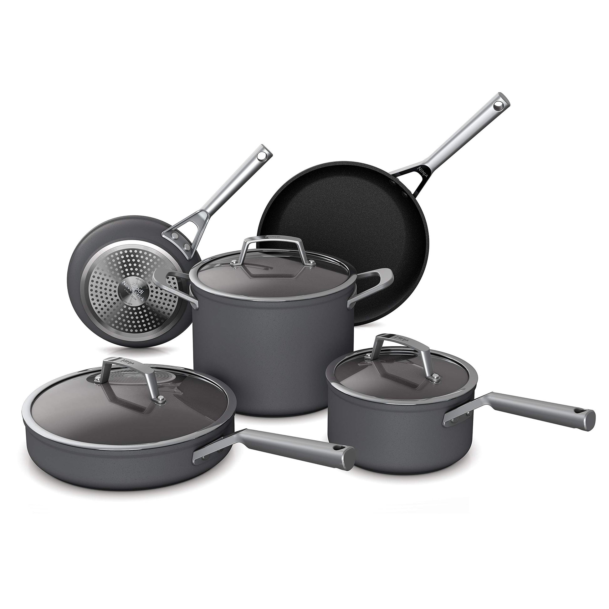 Ninja C38000 Foodi NeverStick Juego de utensilios de cocina de alta calidad de 8 piezas con tapas de vidrio, anodizado duro, antiadherente, duradero y apto para horno hasta 500 °F, gris pizarrón