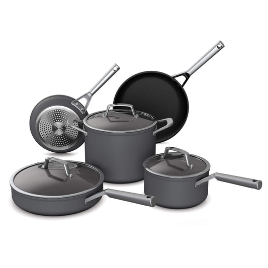 Ninja C38000 Foodi NeverStick Juego de utensilios de cocina de alta calidad de 8 piezas con tapas de vidrio, anodizado duro, antiadherente, duradero y apto para horno hasta 500 °F, gris pizarrón