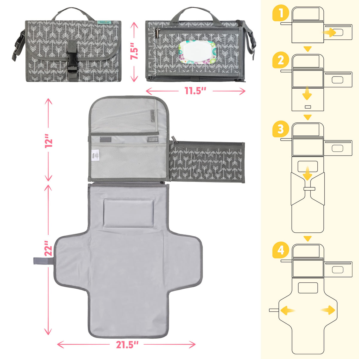 Kopi - Cambiador de pañales portátil para bebé, cambiador de pañales con bolsillo para toallitas, tapete cambiador portátil de diseño inteligente, kit de estación de viaje para bebés, regalo para