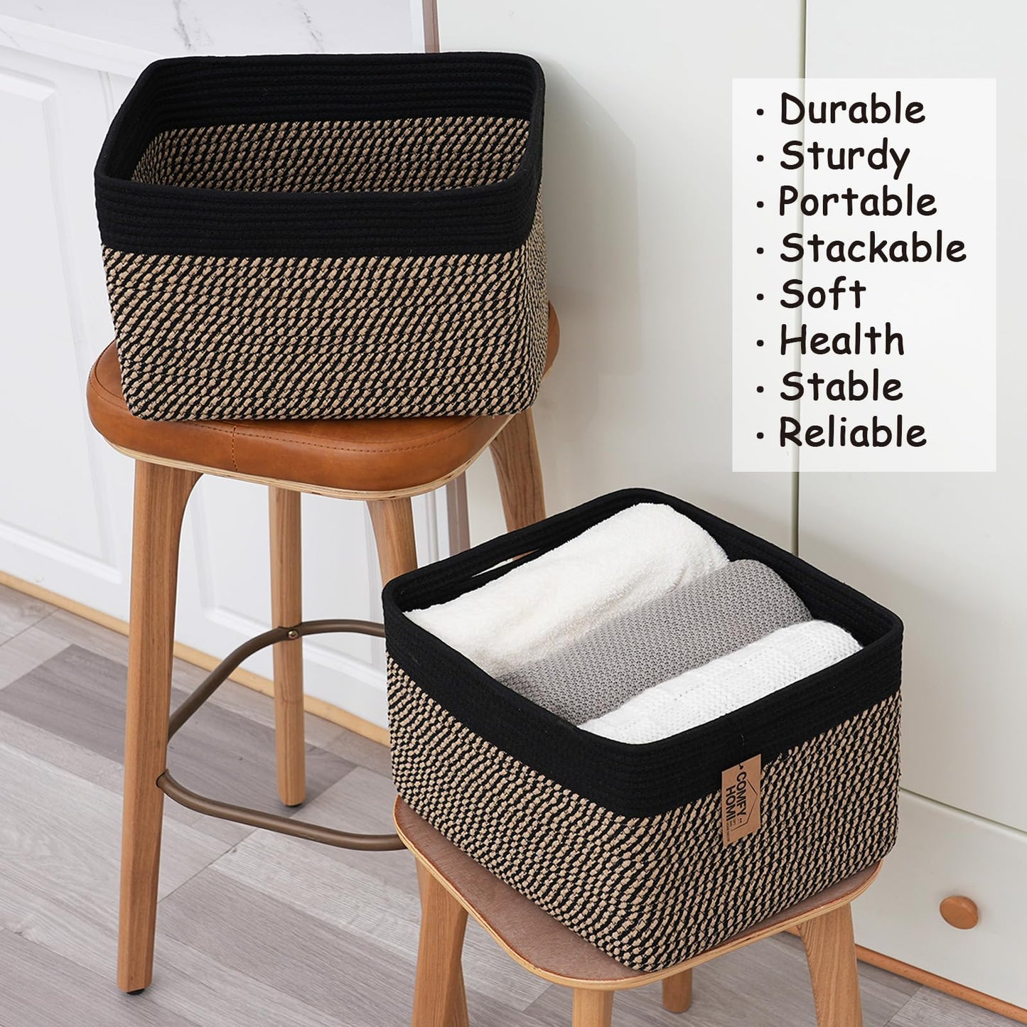 COMFY-HOMI Paquete de 3 cestas cuadradas de cuerda de algodón con asas para estantes | Recipiente para juguetes de perro y almacenamiento | Regalo para bebé | Organizador de zapatos | Nuevo de 13.5 x