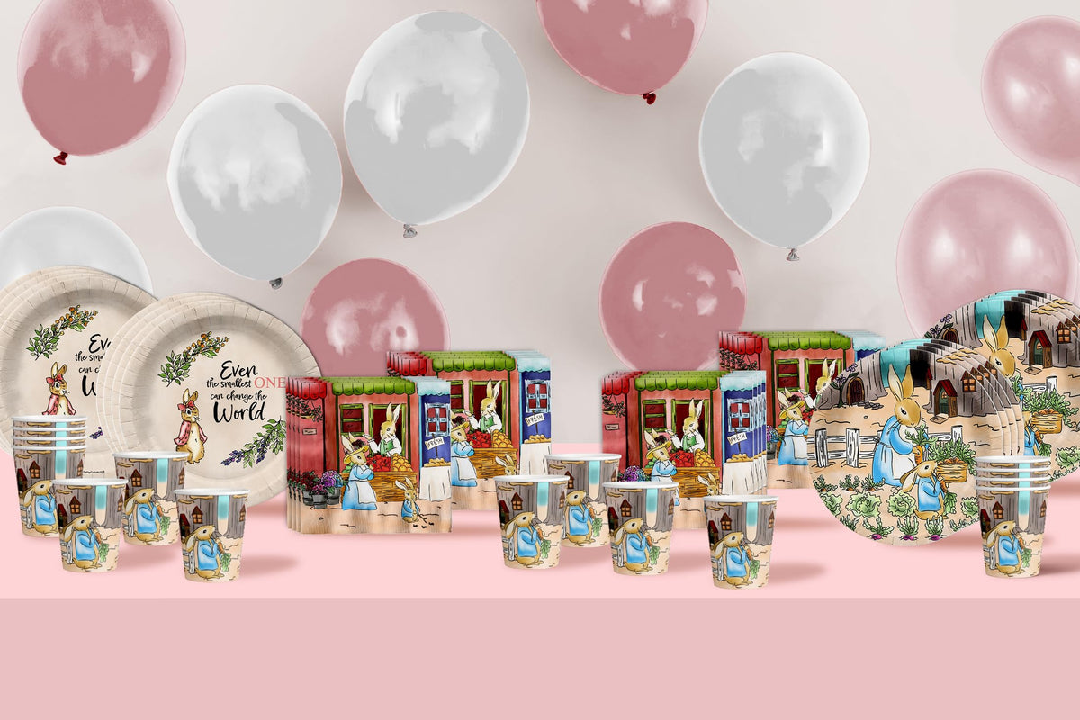 Peter Rabbit - Suministros para fiesta de baby shower para niña, 64 piezas, juego de vajilla de primavera para baby shower, incluye platos grandes de 9 pulgadas y platos de papel de postre de 8
