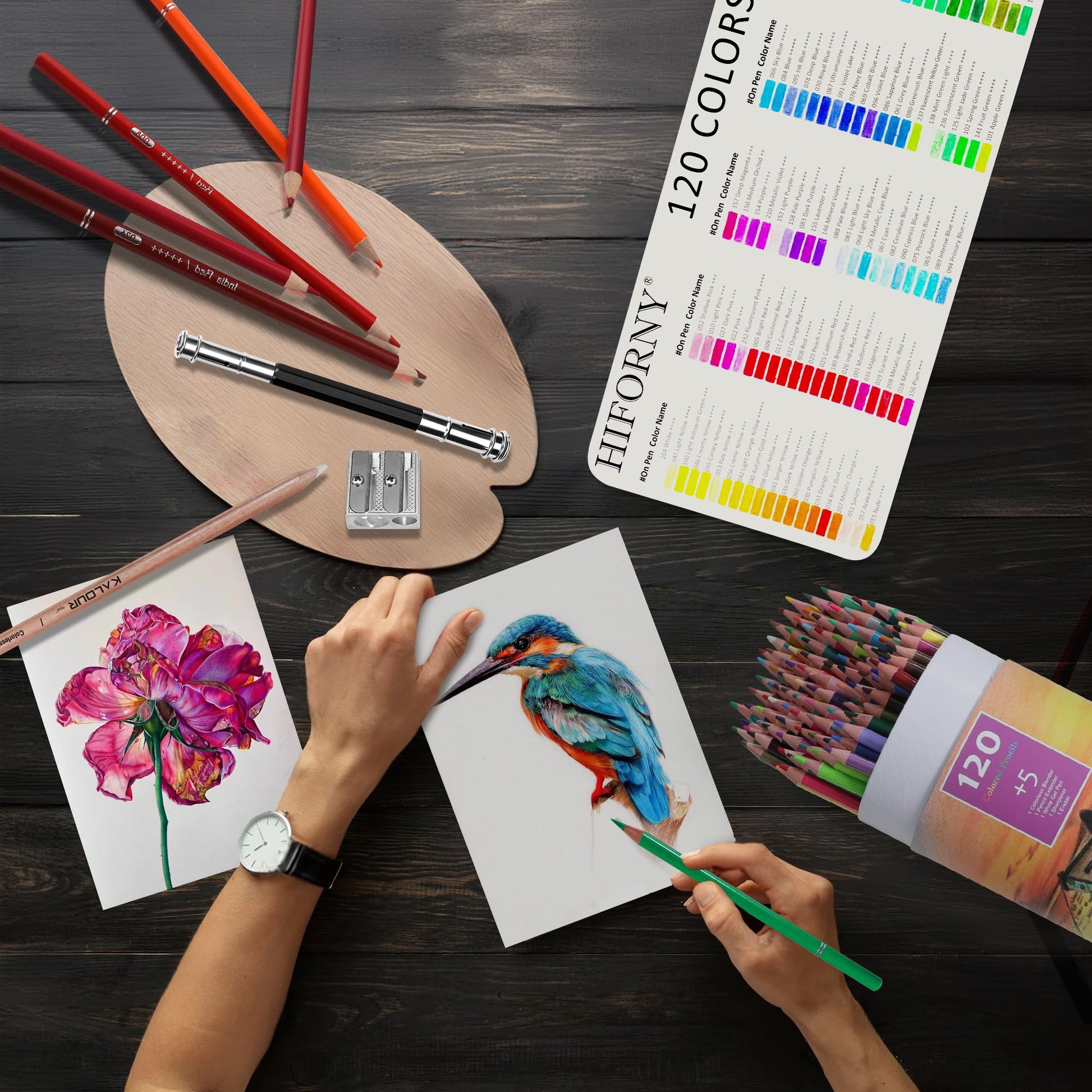 HIFORNY - Juego de 125 Lápices de Colores para Colorear Adultos, 120 Lápices de Colores Con Extras, Núcleo Suave de Artistas, Lápices de Dibujo, Suministros de Arte para Adultos
