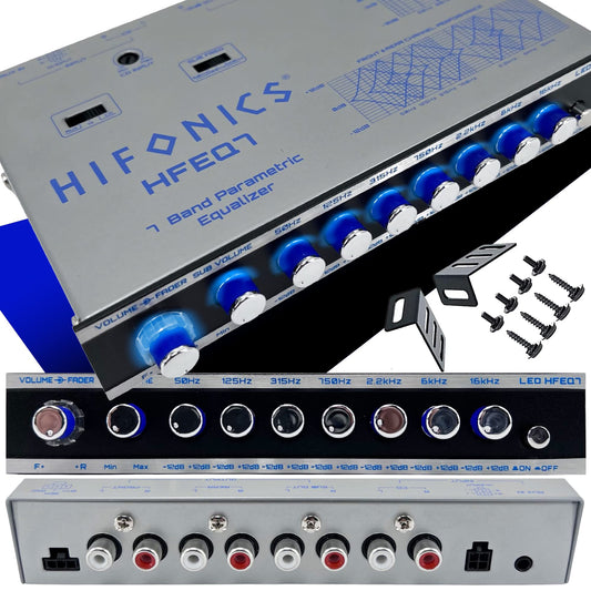 Hifonics HFEQ7 - Ecualizador gráfico de Audio de Coche de 7 Bandas 9 voltios 1/2 DIN con Entrada Auxiliar Frontal de 3,5 mm, Entrada Auxiliar RCA Trasera y entradas de Altavoz de Alto Nivel