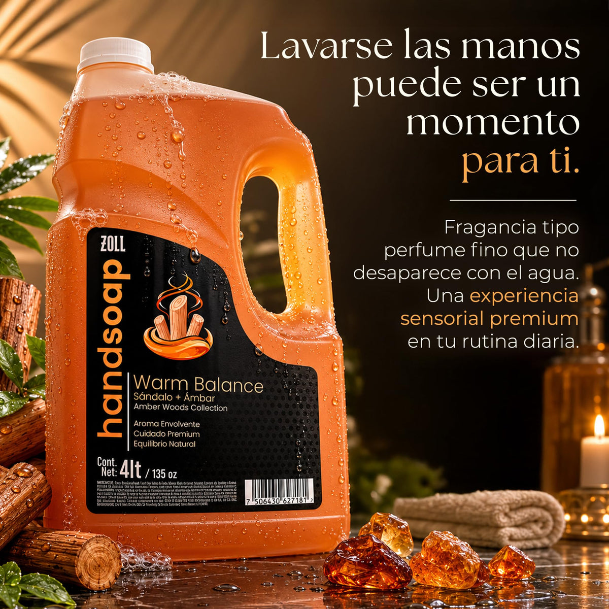 ZOLL Jabón Líquido para Manos - Warm Balance Sándalo y Ámbar - Fragancia Premium Tipo Perfume - Larga Duración - Fórmula Espumante Hidratante - Limpieza Sofisticada para Uso Diario