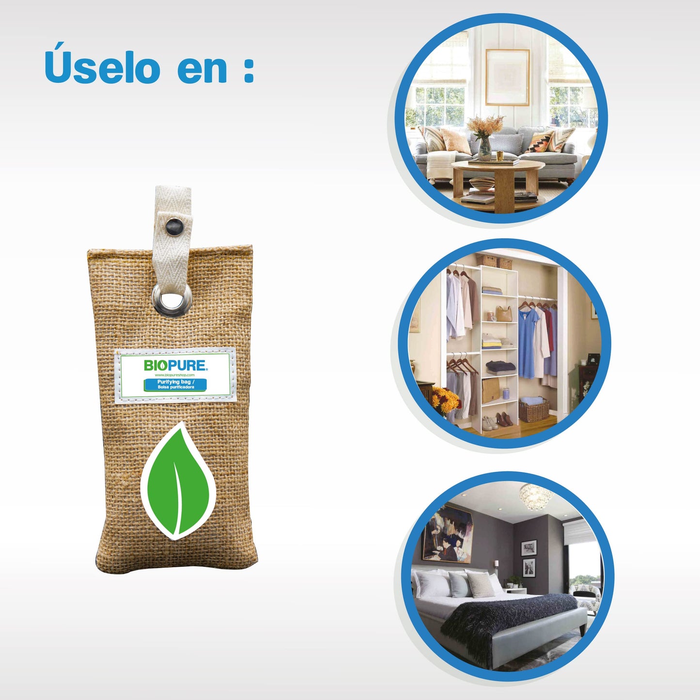 Biopure - Kit bolsas purificadoras - Carbón activado 100% biodegradable - Coco - Yute - Remueve malos olores, humedad, moho y alérgenos - Hecho en México - (225 gr)