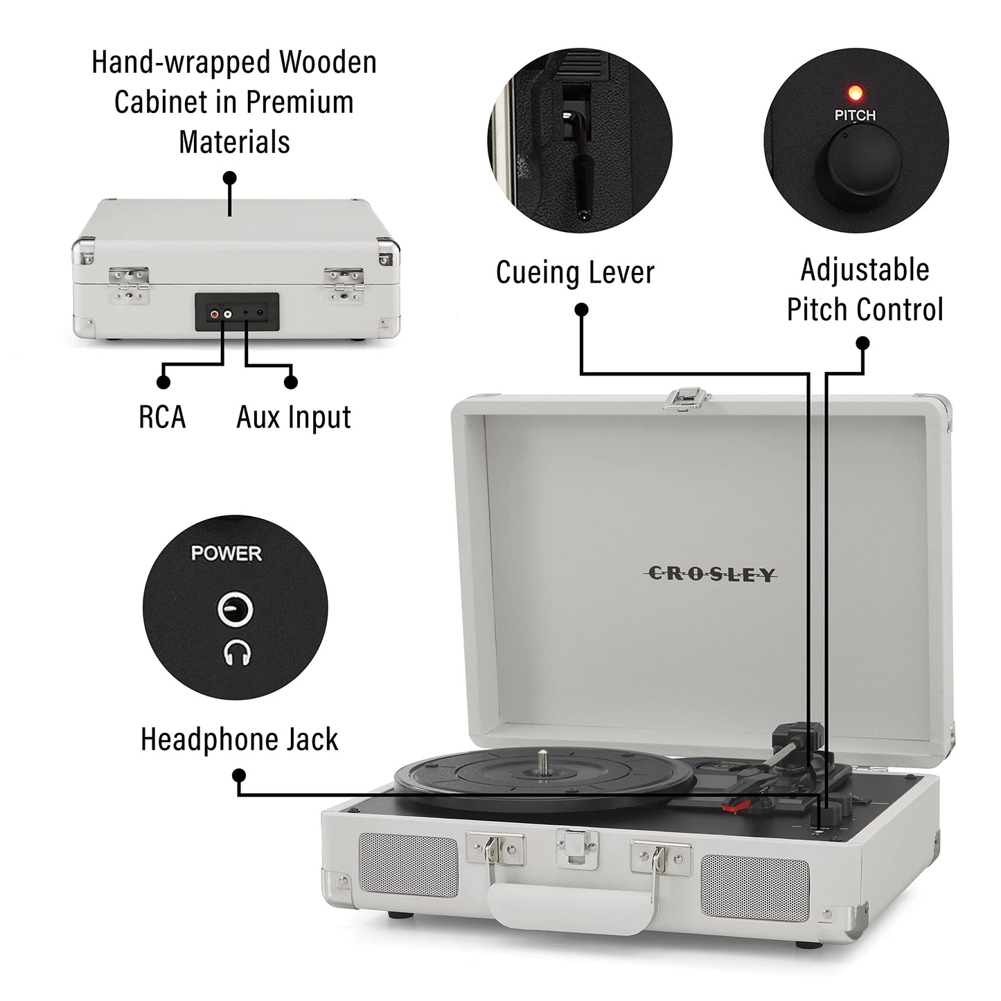 Crosley CR8005F-WS Cruiser Plus Vintage 3-Speed Bluetooth in/out Suitcase Turntable, White Sand