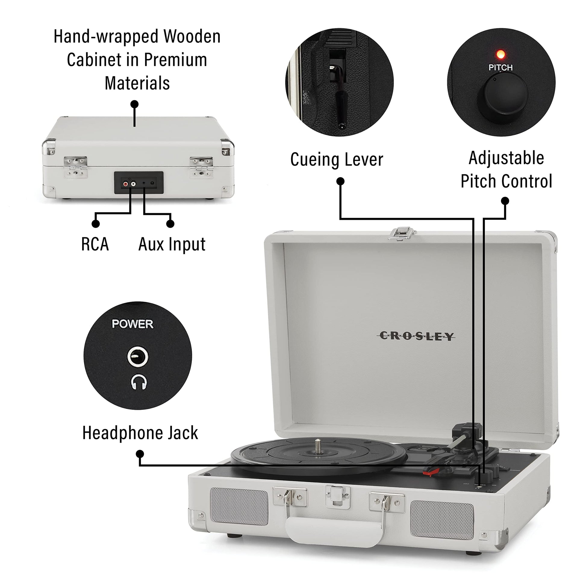 Crosley CR8005F-WS Cruiser Plus Vintage 3-Speed Bluetooth in/out Suitcase Turntable, White Sand