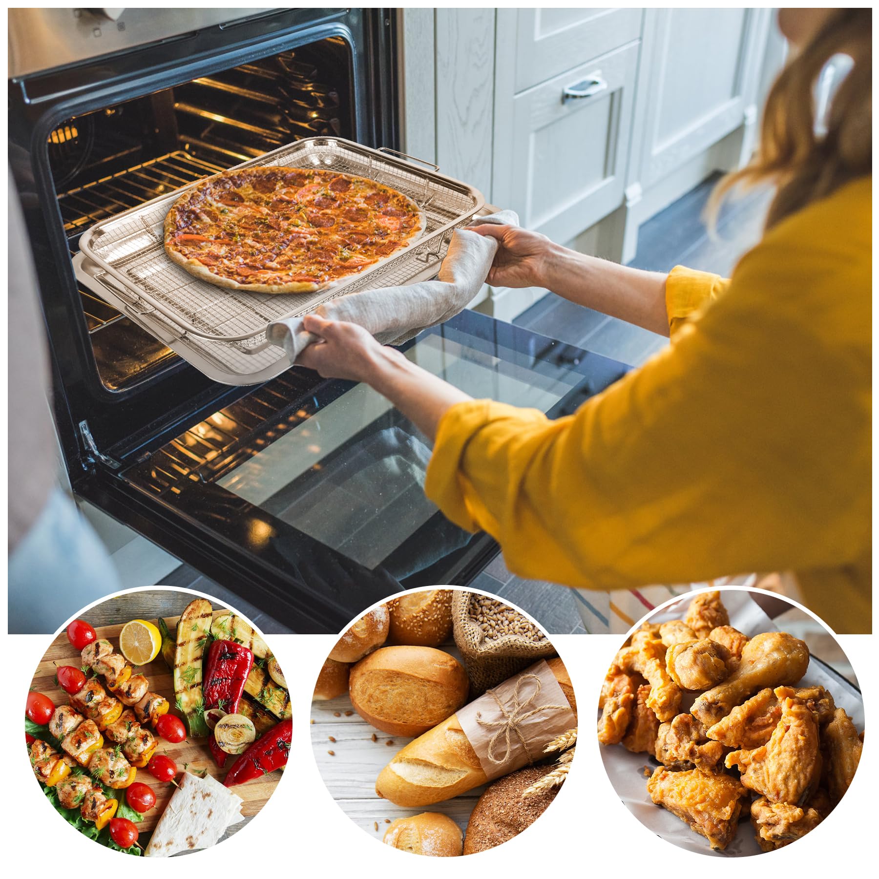 Cesta de freidora de aire para horno, 2 juegos de acero inoxidable, accesorios para freidora de aire, estante para horno y bandeja crujiente, sartén para asar de tocino para horno, juegos de