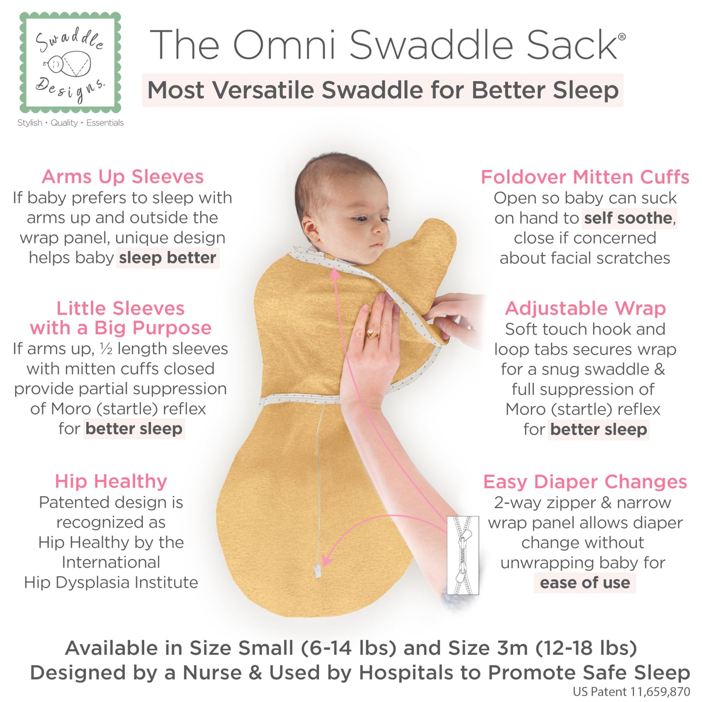 SwaddleDesigns Omni Swaddle Sack® de 6 vías para recién nacido, más opciones para calmar el reflejo de sobresaliente, mejora el sueño, saco de dormir de fácil transición, pequeño, 0-3 meses, dorado