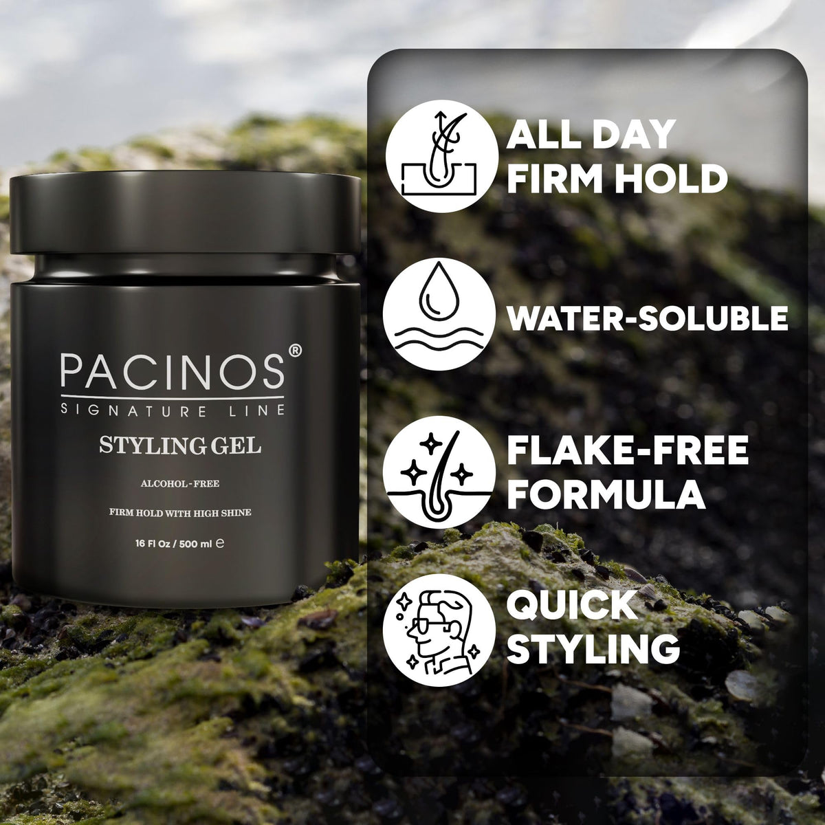 Pacinos Hair Gel for Men - Firm Hold with Flexible Styling - High Shine Wet Look Finish - Easy to Rinse Water Based Formula - No Flakes - Suits All Hair Types - Style Stays in Place All Day - 16 oz