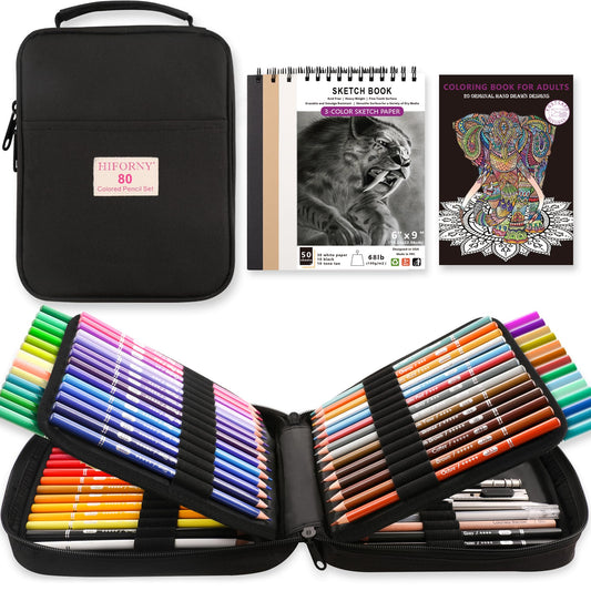 HIFORNY - Juego de 80 lápices de colores para adultos, 72 colores con extras, núcleo suave de artistas, lápices de dibujo, suministros de manualidades para adultos