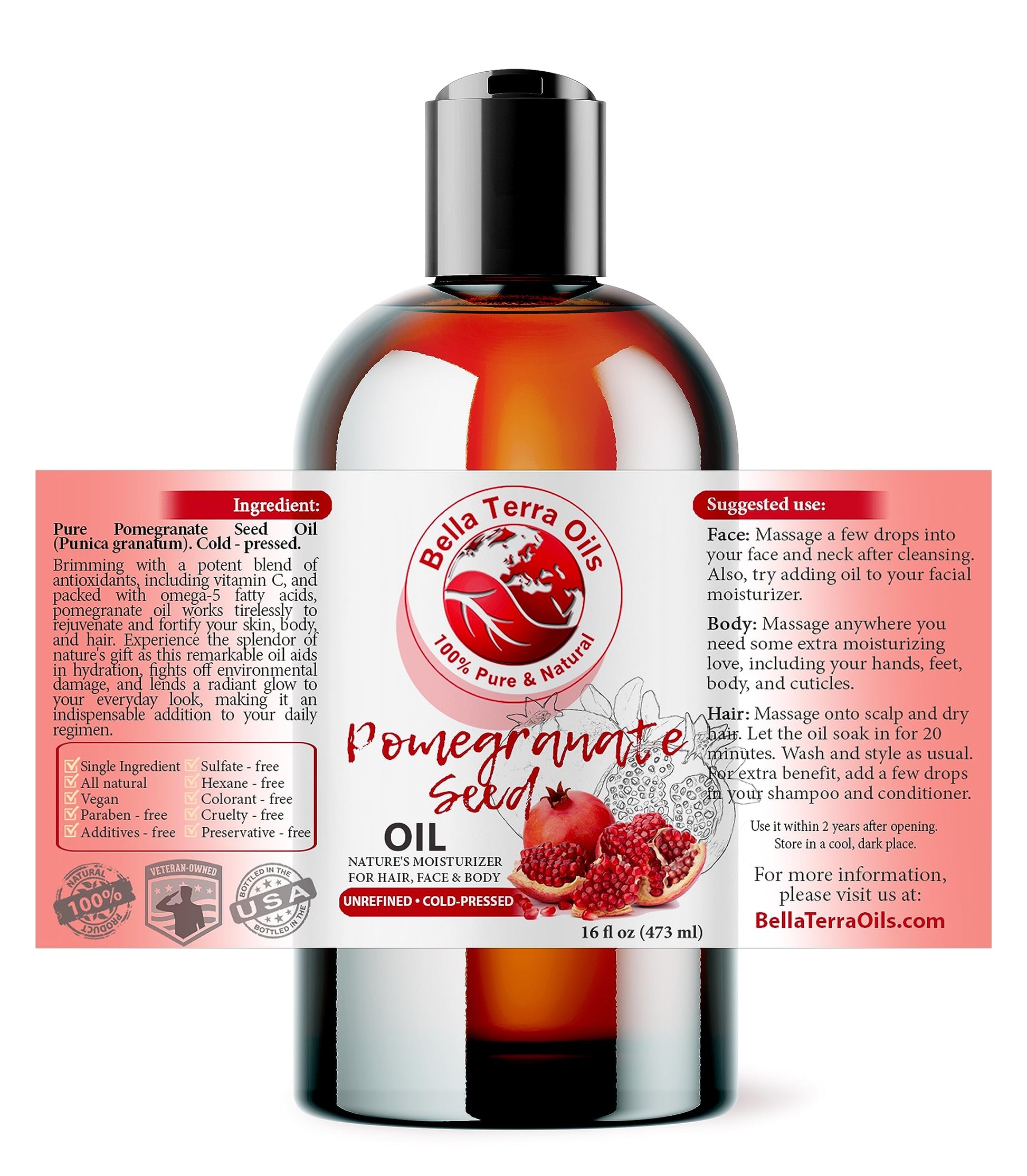NEW Pomegranate Seed Oil. 16oz. Cold-pressed. Unrefined. Organic. 100% Pure. Rich in Antioxidants. Hexane-free. Rejuvenates Skin. Softens Hair. Natural Moisturizer. For Hair, Skin, Stretch Marks.