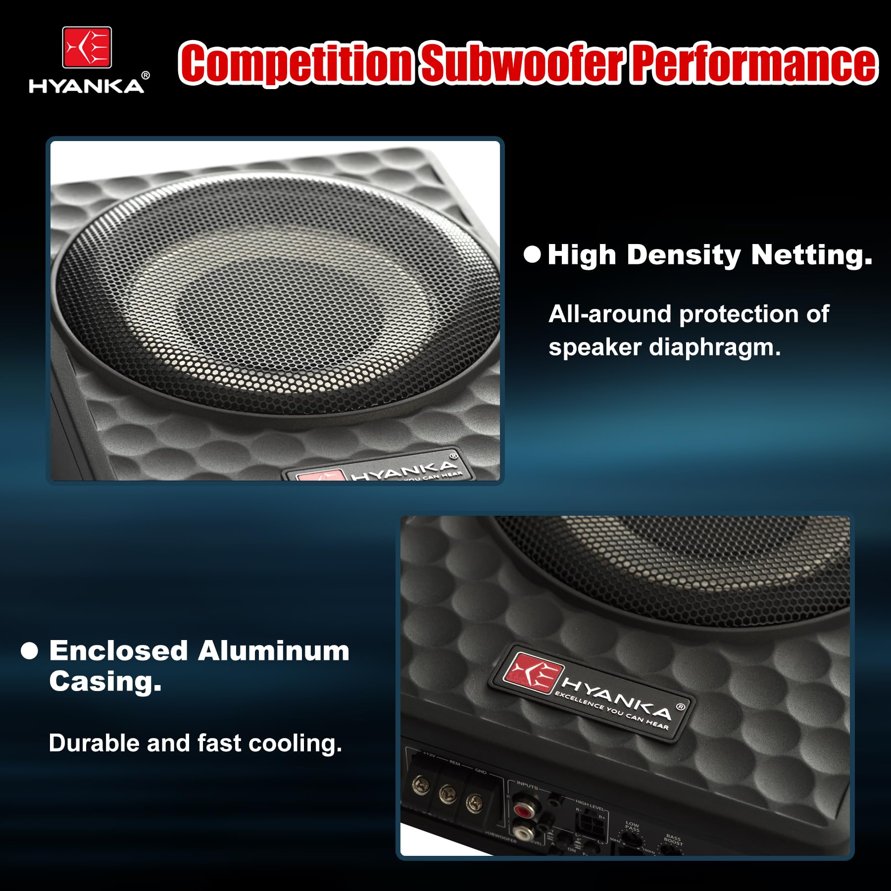 H YANKA SODA-08ASW - Subwoofer compacto para coche de 400 W, 8 pulgadas, con amplificador incorporado, subwoofer de potencia delgada para audio de coche/camión/jeep