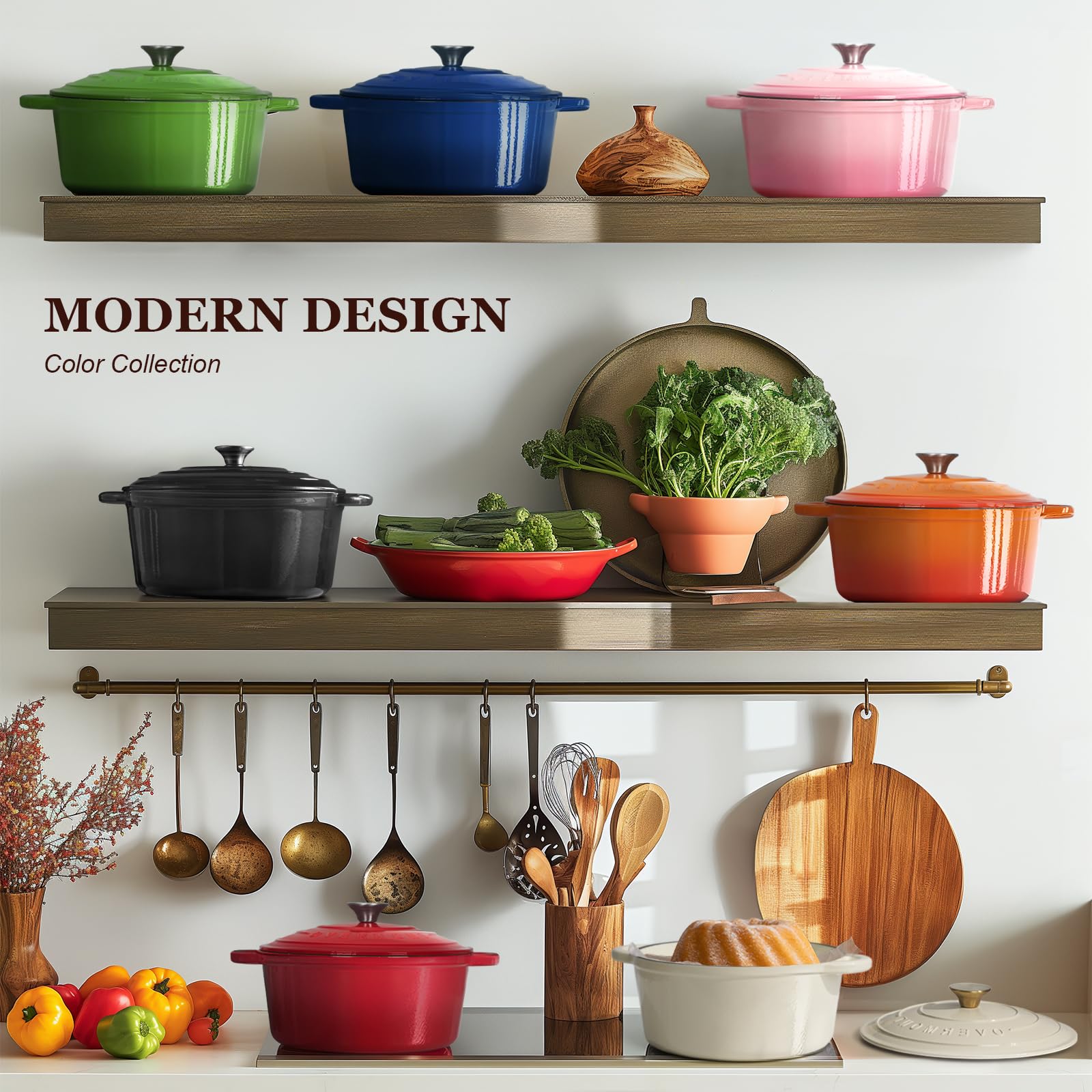Overmont - Horno holandés de hierro fundido esmaltado, olla de 5.5 cuartos con tapa, libro de cocina y agarraderas de algodón, utensilios de cocina resistentes para estofar, guisos, asar, hornear pan