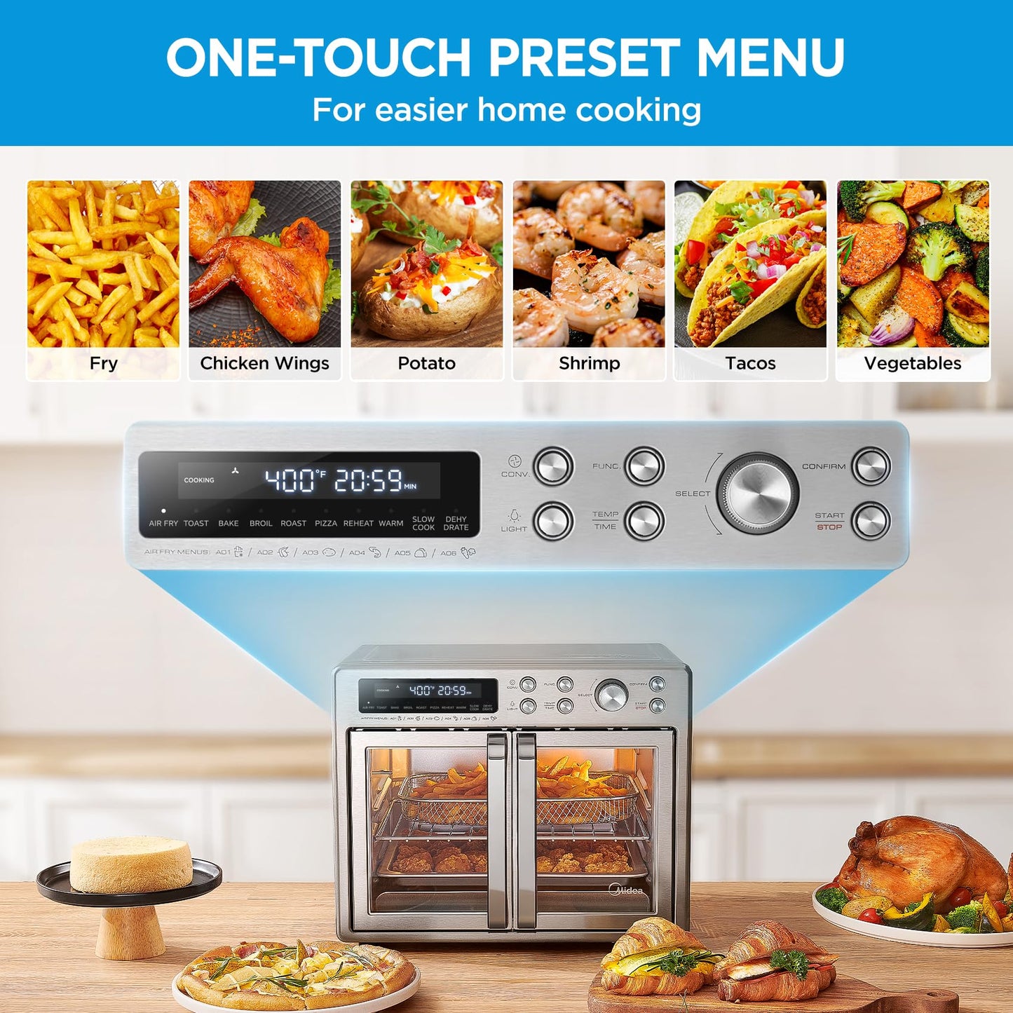 Freidora de Aire Extragrande Midea Flexify Acero para Horno Tostador de Puerta Francesa 90% Menos Aceite