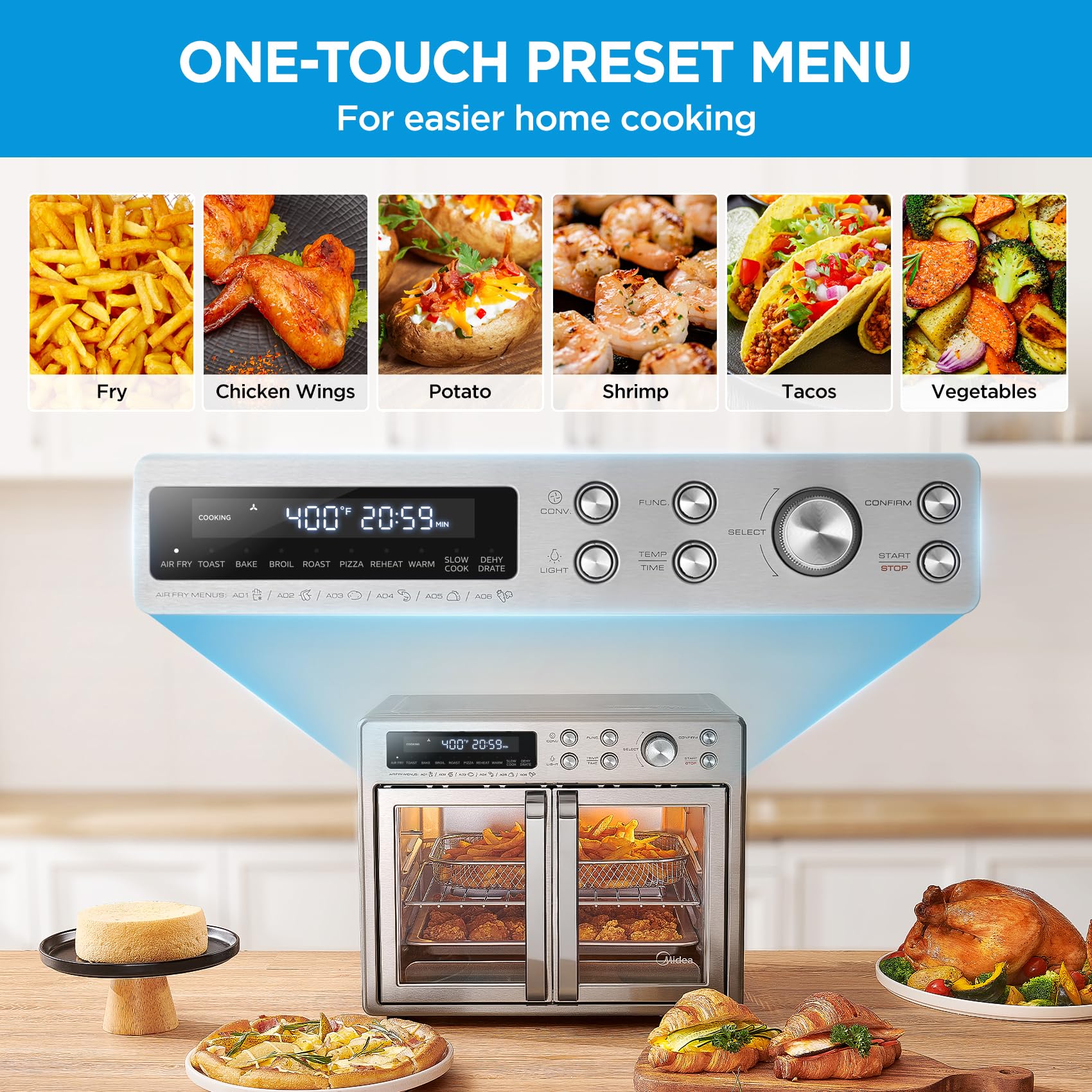 Freidora de Aire Extragrande Midea Flexify Acero para Horno Tostador de Puerta Francesa 90% Menos Aceite