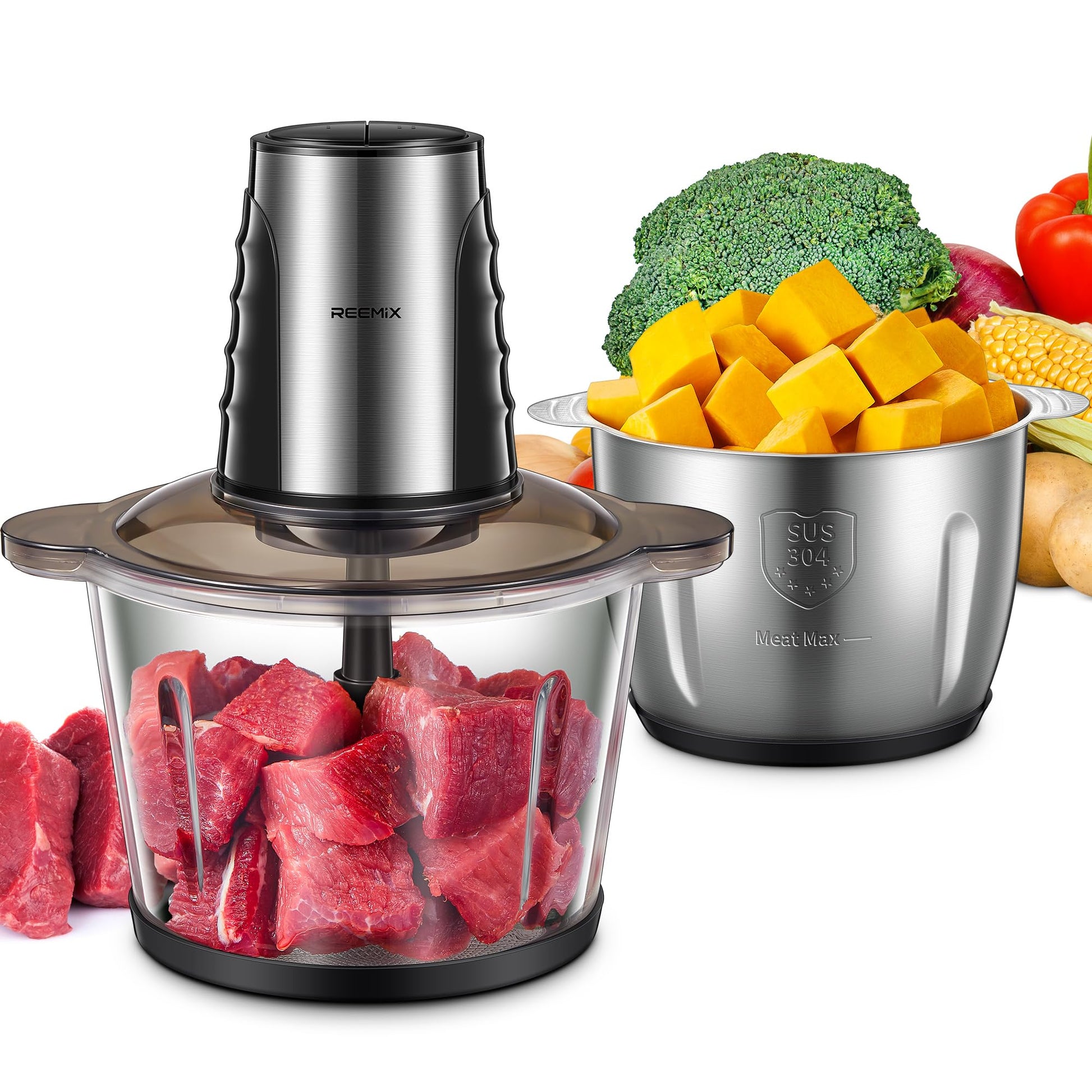 Picadora de Cocina Eléctrica Multipicadora con 2 Cuencos Grandes y 500 W, 2 Niveles de Velocidad, 4 Cuchillas para Carne, Cebollas, Frutas y Verduras