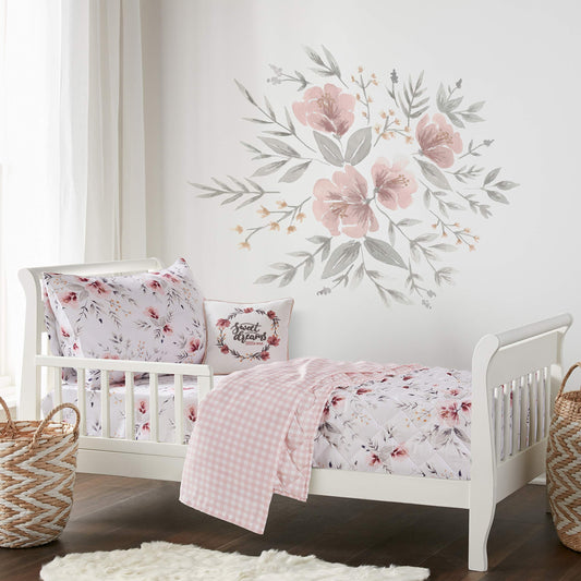Levtex Baby - Adeline - Juego de cama para niños pequeños, color rosa, gris y blanco, diseño floral clásico, juego de 5 piezas, incluye edredón reversible, sábana bajera, sábana encimera, funda de