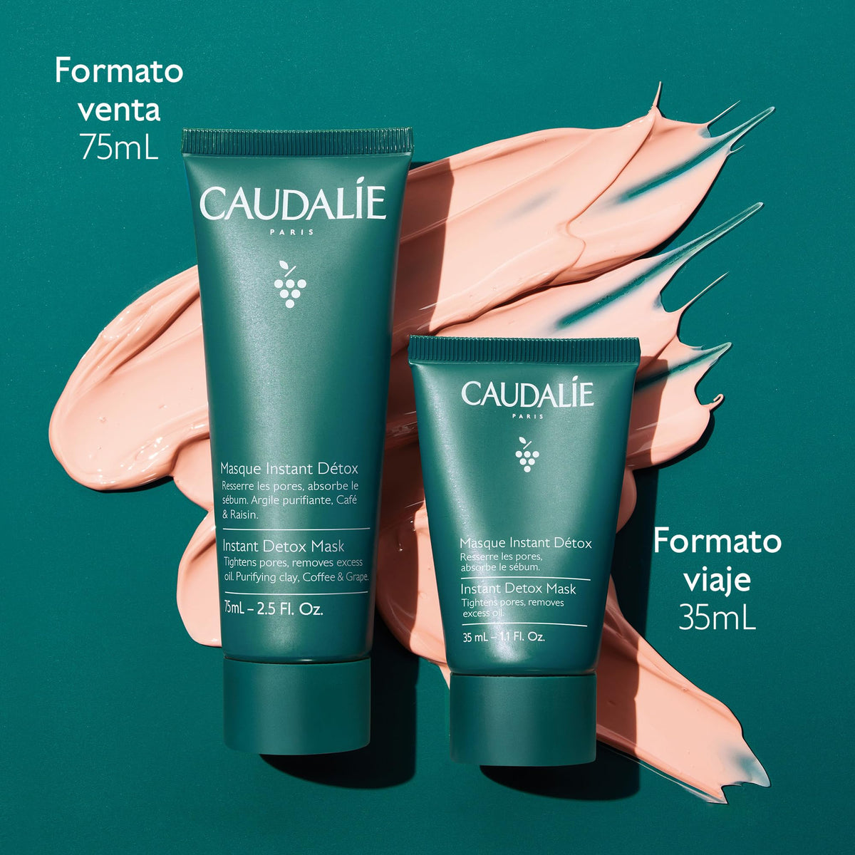 CAUDALIE Instant Detox Mascarilla de Arcilla Rosa, Limpia Poros - 75 mL