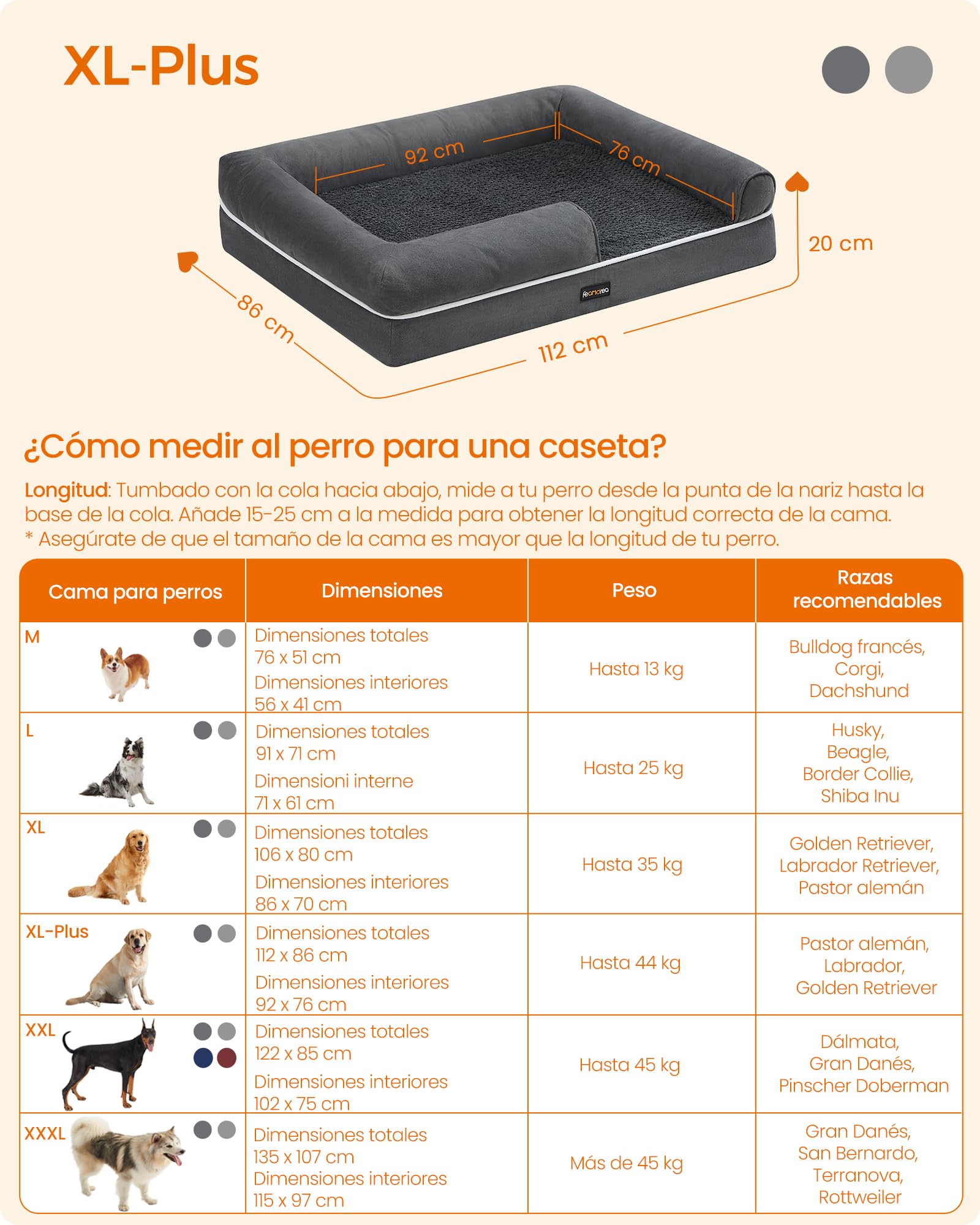 Cama Ortopédica para Perros Feandrea Gris Oscuro con Funda Extraíble y Lavable