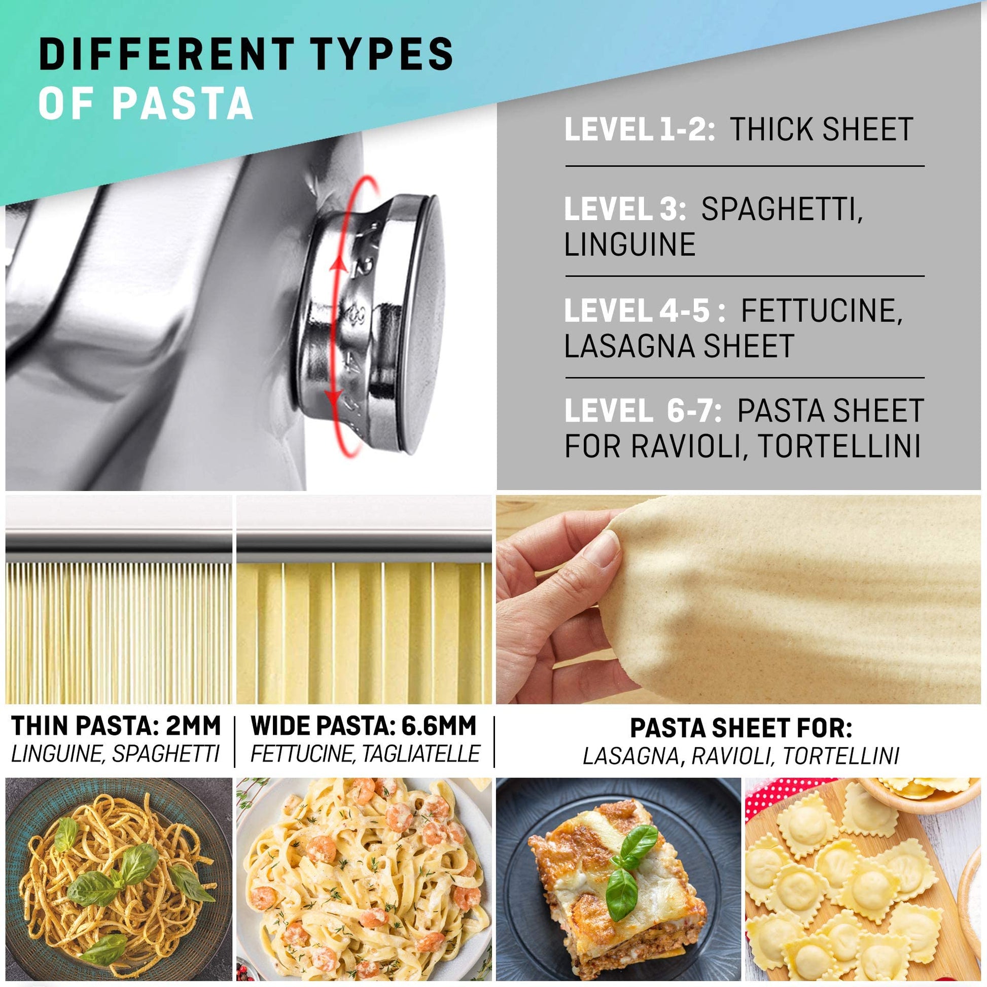 Máquina de Pasta Plana VeoHome Acero Inoxidable Ajustable con Cortador para Fideos Caseros Frescos