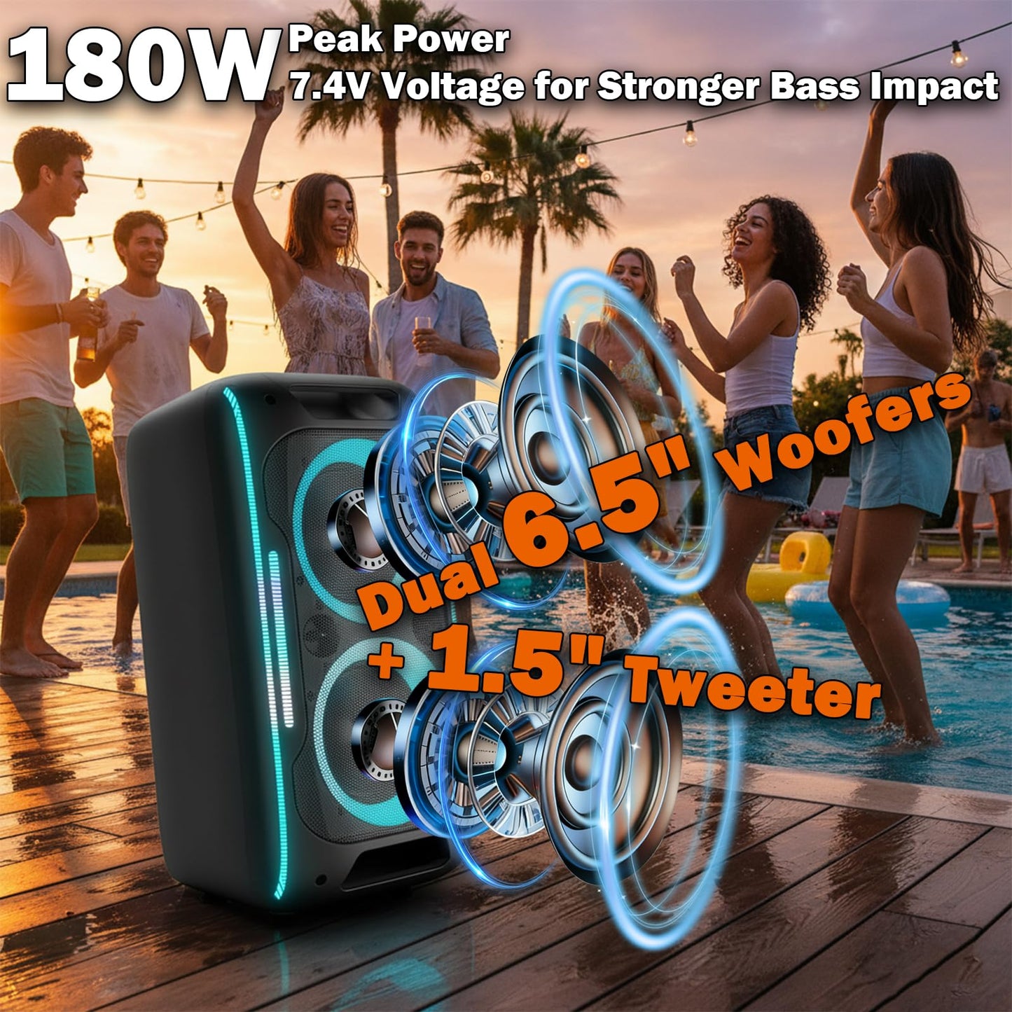 Altavoz Bluetooth para fiesta, potente sonido estéreo de 180 W con graves profundos, altavoz inalámbrico portátil con modos de sonido EQ, luces LED, Bluetooth 5.3 para el hogar, al aire última