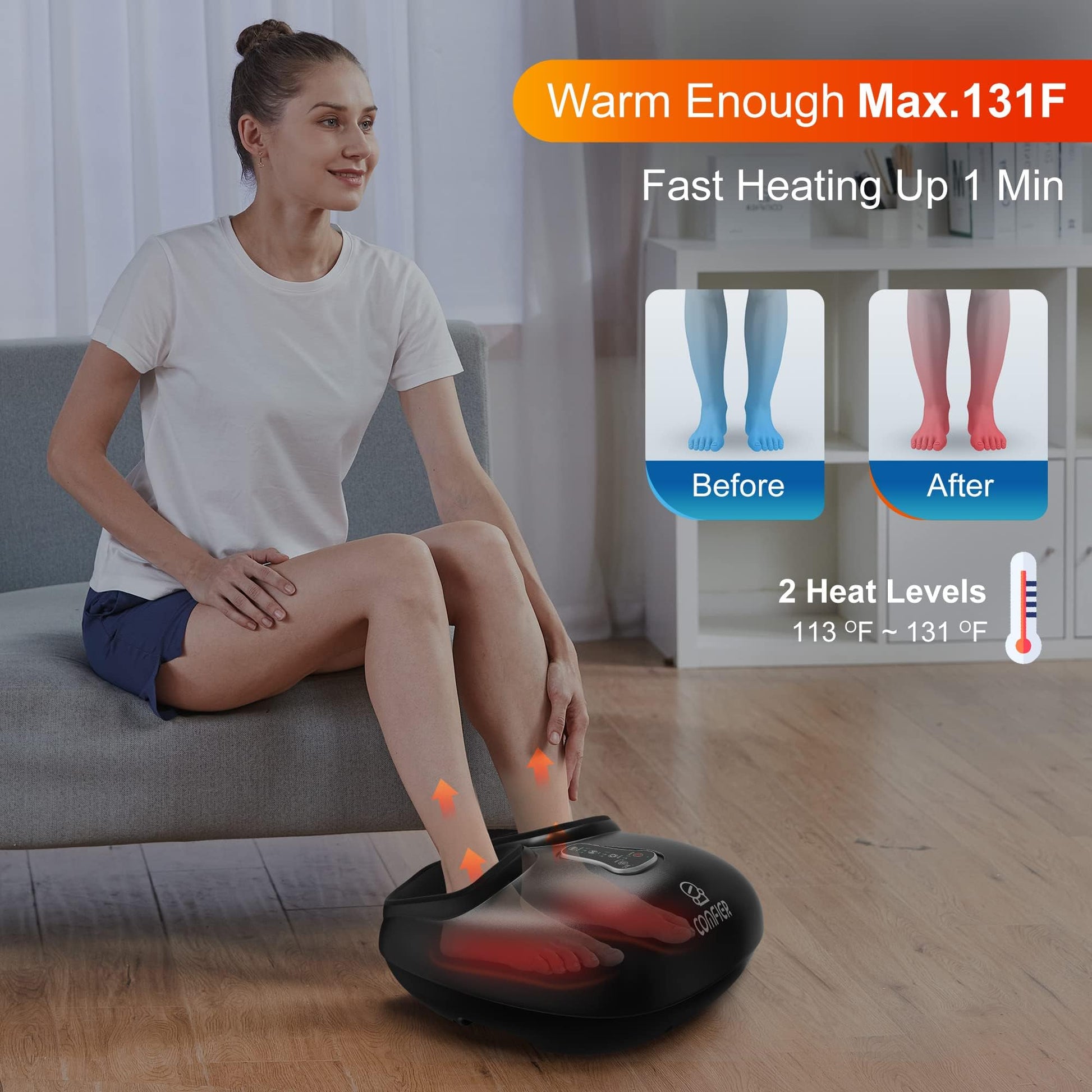 COMFIER Shiatsu masajeador de pies con calor, vibración, máquina masajeador de pies de compresión para fascitis plantar, dolor de neuropatía, regalos para ella, se adapta a tamaños de hasta 13
