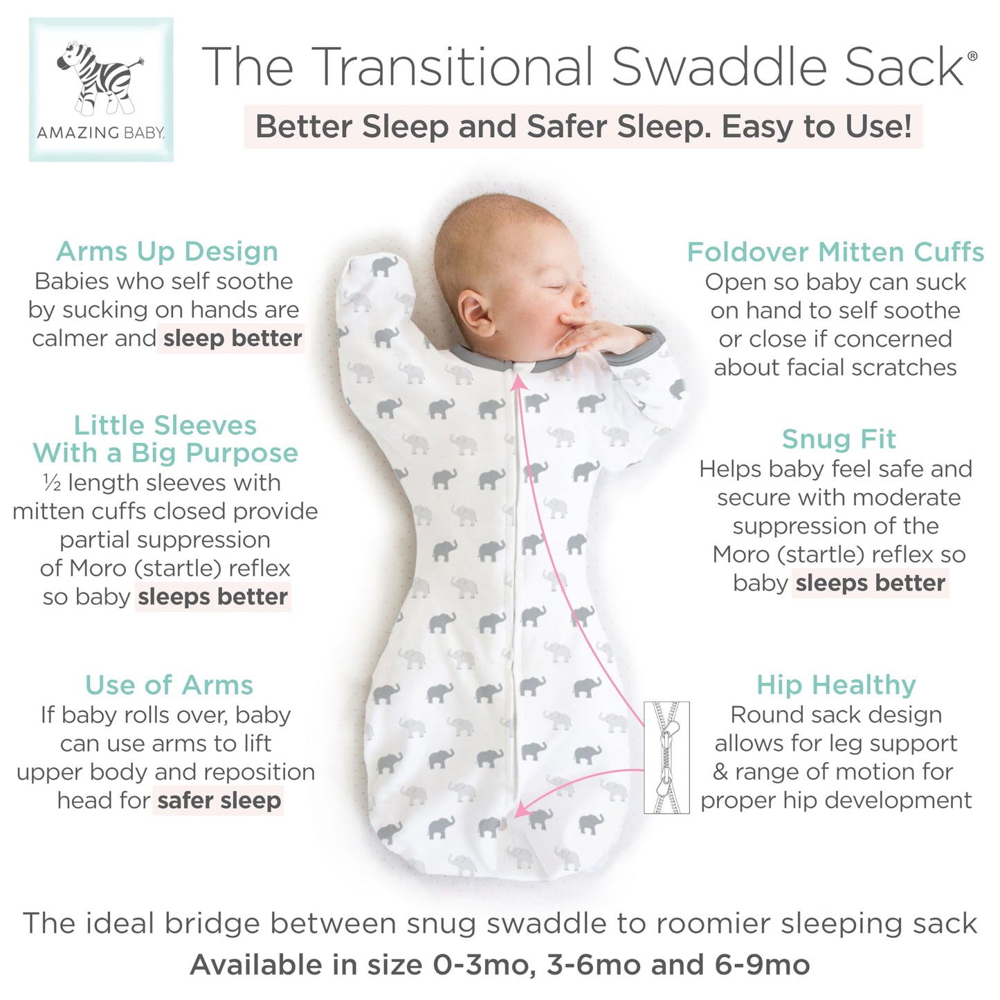 Increíble saco de transición para bebé, mangas de media longitud y puños de manopla, para la transición del recién nacido al saco de dormir del bebé, manta portátil, Lrg, 6-9 mos, 20-22 libras,