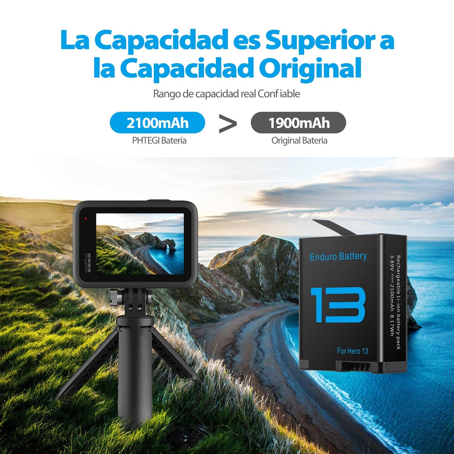 Baterías 2100mAh PHTEGI Gopro Hero 13 Black con Cargador Rápido USB 3 Canales