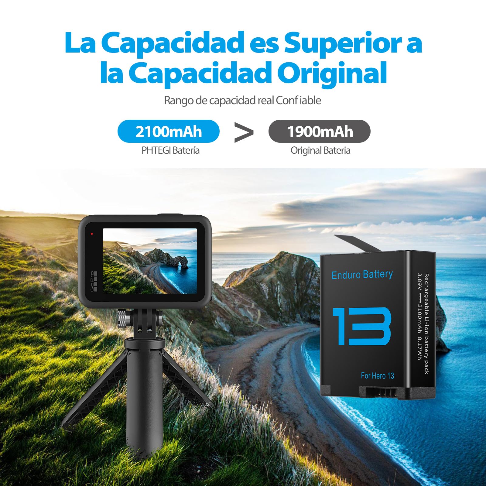 Baterías 2100mAh PHTEGI Gopro Hero 13 Black con Cargador Rápido USB 3 Canales