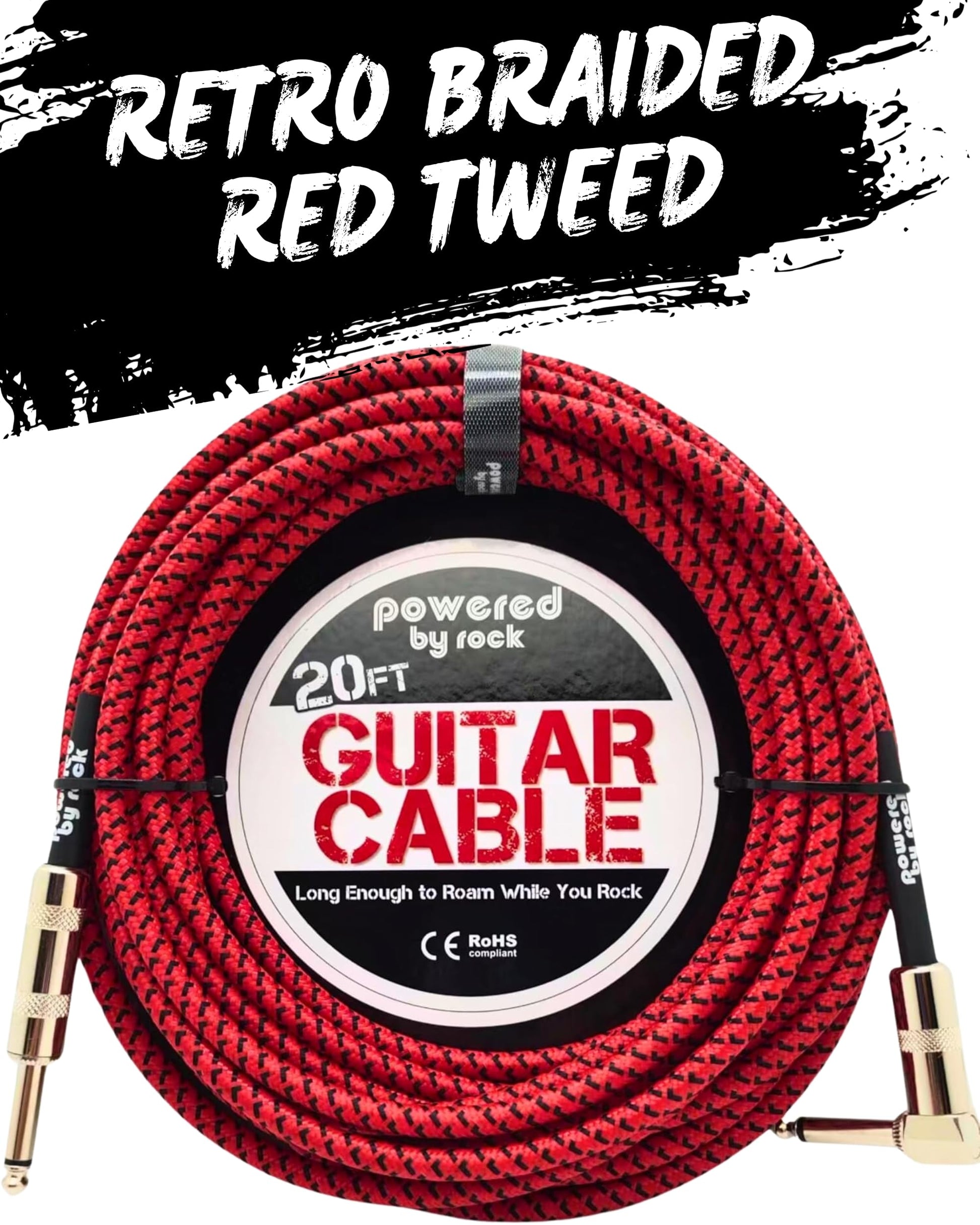 Cable de guitarra accionado por Rock para guitarra eléctrica y bajo, cable de instrumento de 20 pies, sin zumbidos ni enredos, entradas macho a macho de 1/4 pulgadas con un conector de ángulo recto en