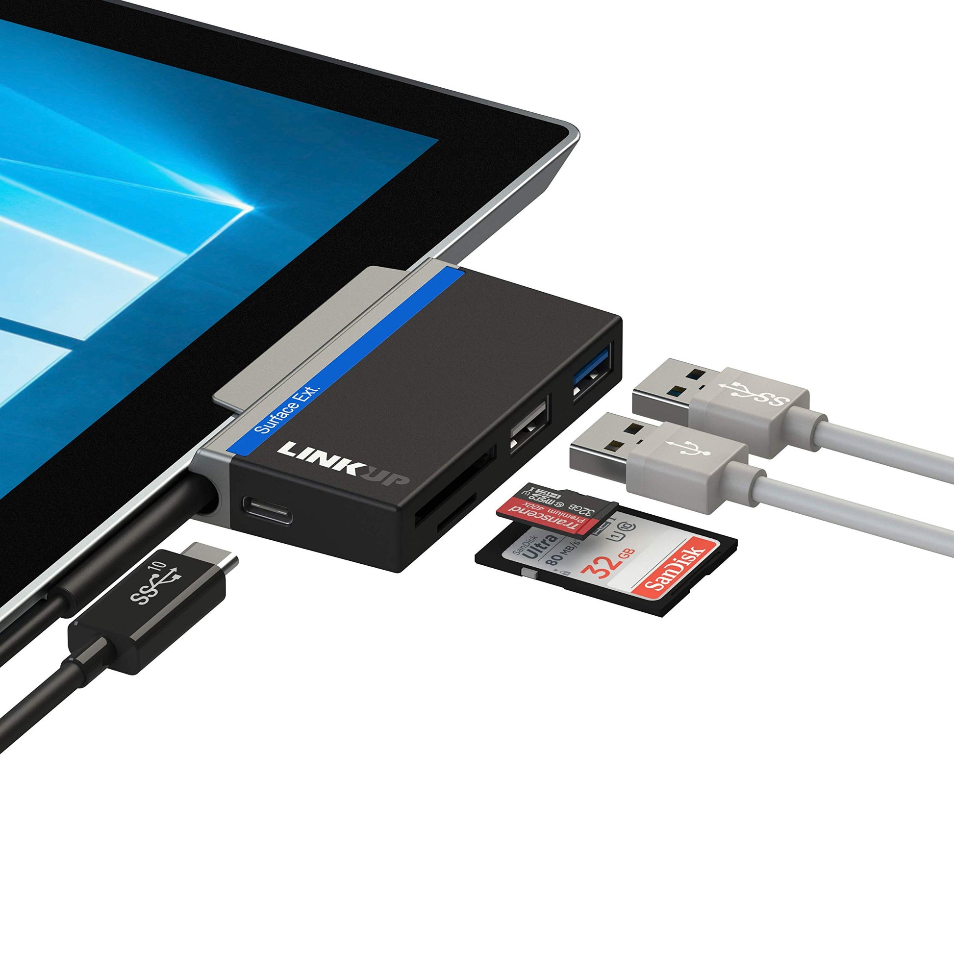 LINKUP - Microsoft Surface GO Compatible Docking Station USB C Dock | 5-in-1 SDXC Card Reader Hub | USB-A 2.0 USBA-3.0 SD/MicroSD USB-C Charging Port | Compatible with Original Surface Power Plug