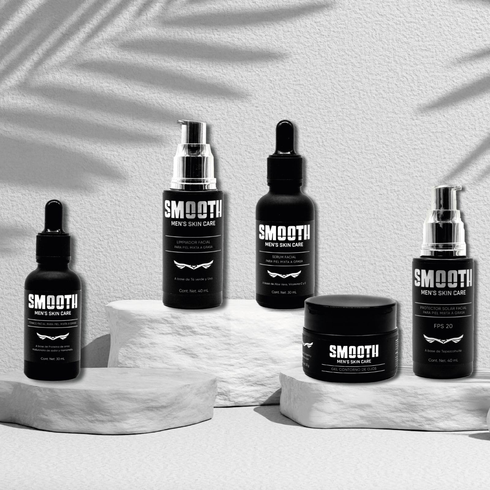 SMOOTH Kit Definitivo de Cuidado Facial Para Hombres: Todo lo que tu piel necesita | 5 productos: Limpiador de Té verde, Tónico de Hialurónato de Sodio, Sérum de Vitamina C, Gel Contorno de ojos de Cólageno, Protector solar de Tepezcohuite | Logra una pie