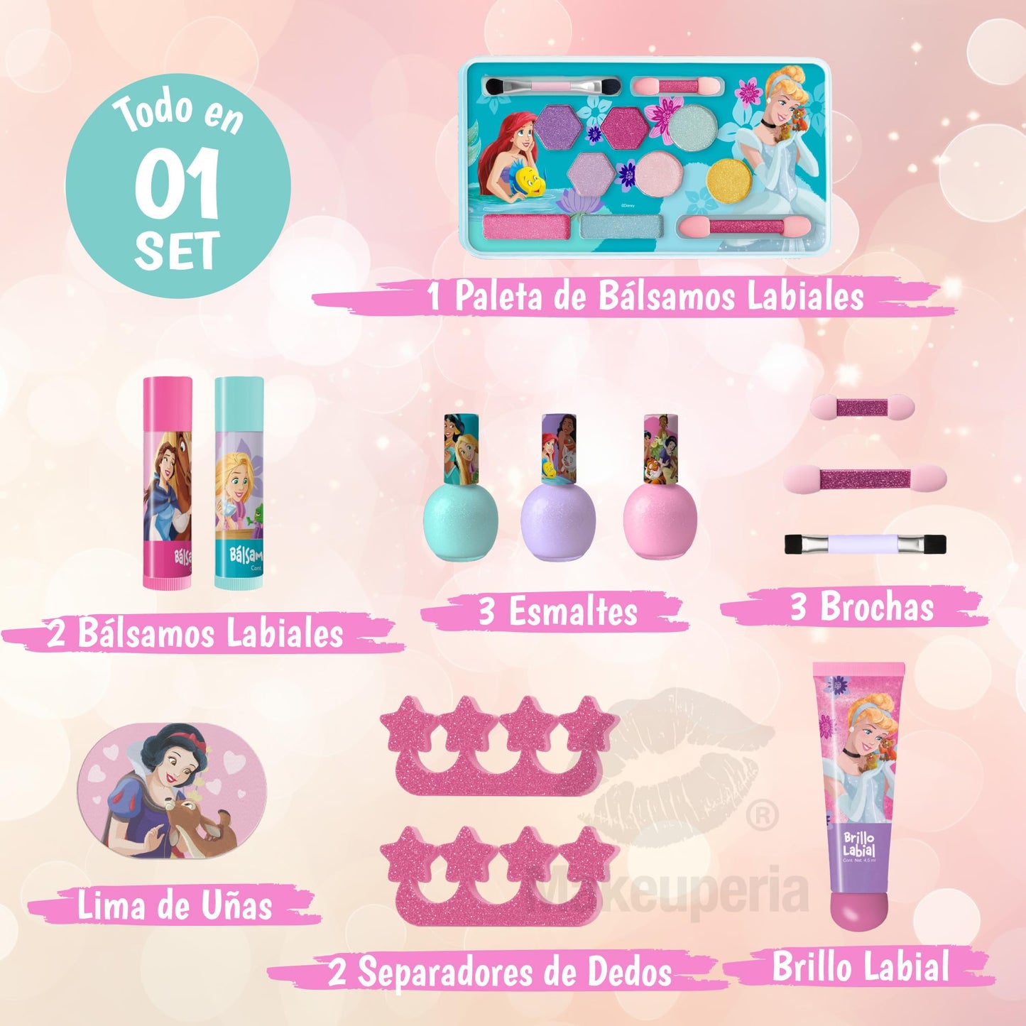 MAKEUPERIA Estuche de Maquillaje Infantil con Diseño Princesas, Maletín Metálico con Espejo, Sombras, Brillos, Esmaltes, Lima, Separadores, Pinceles y Bandeja, Maquillaje Lavable y Seguro para Niñas