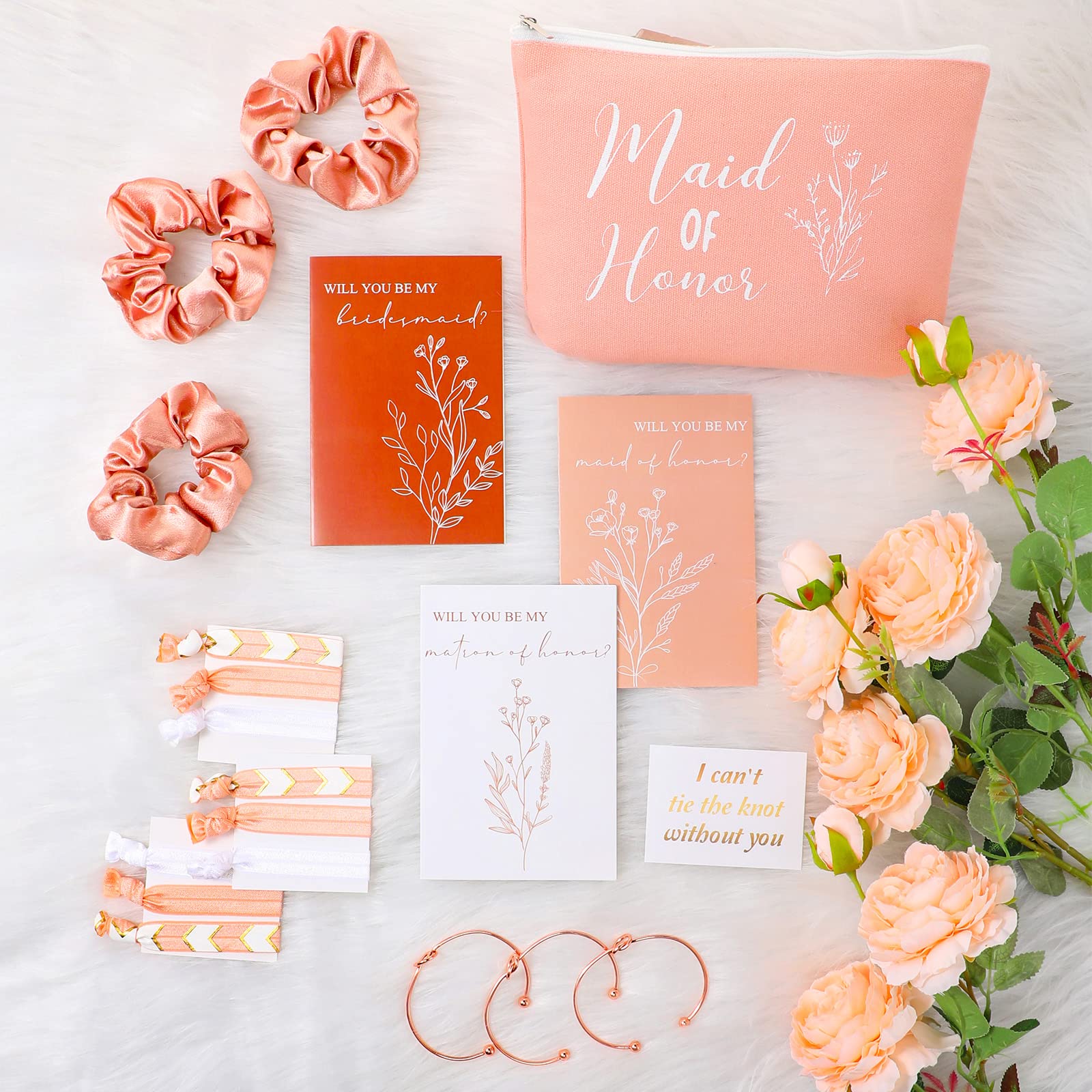 Cunno 48 Regalos de Dama de Honor Matron Maid Of Honor Bridesmaid para Propuesta Boda Bolsa de Maquillaje de Despedida de Soltera Coletero de Cabello Pulsera Anudada Tarjeta Invitación (Rosa Rosado)