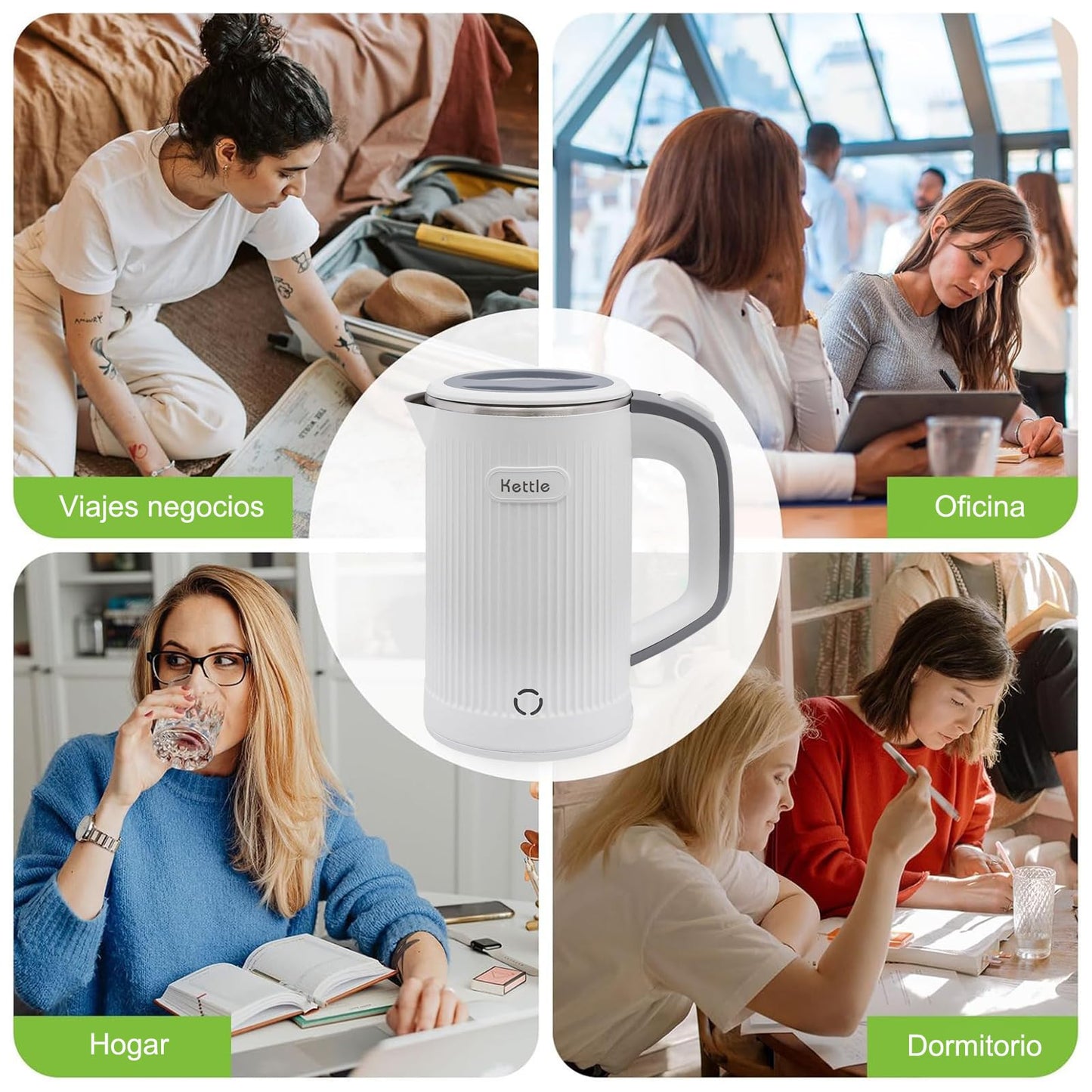 Tetera Eléctrica RYEWGRV Blanca Acero Inoxidable Portátil 0.8 L 600 W con Luz LED y Apagado Automático