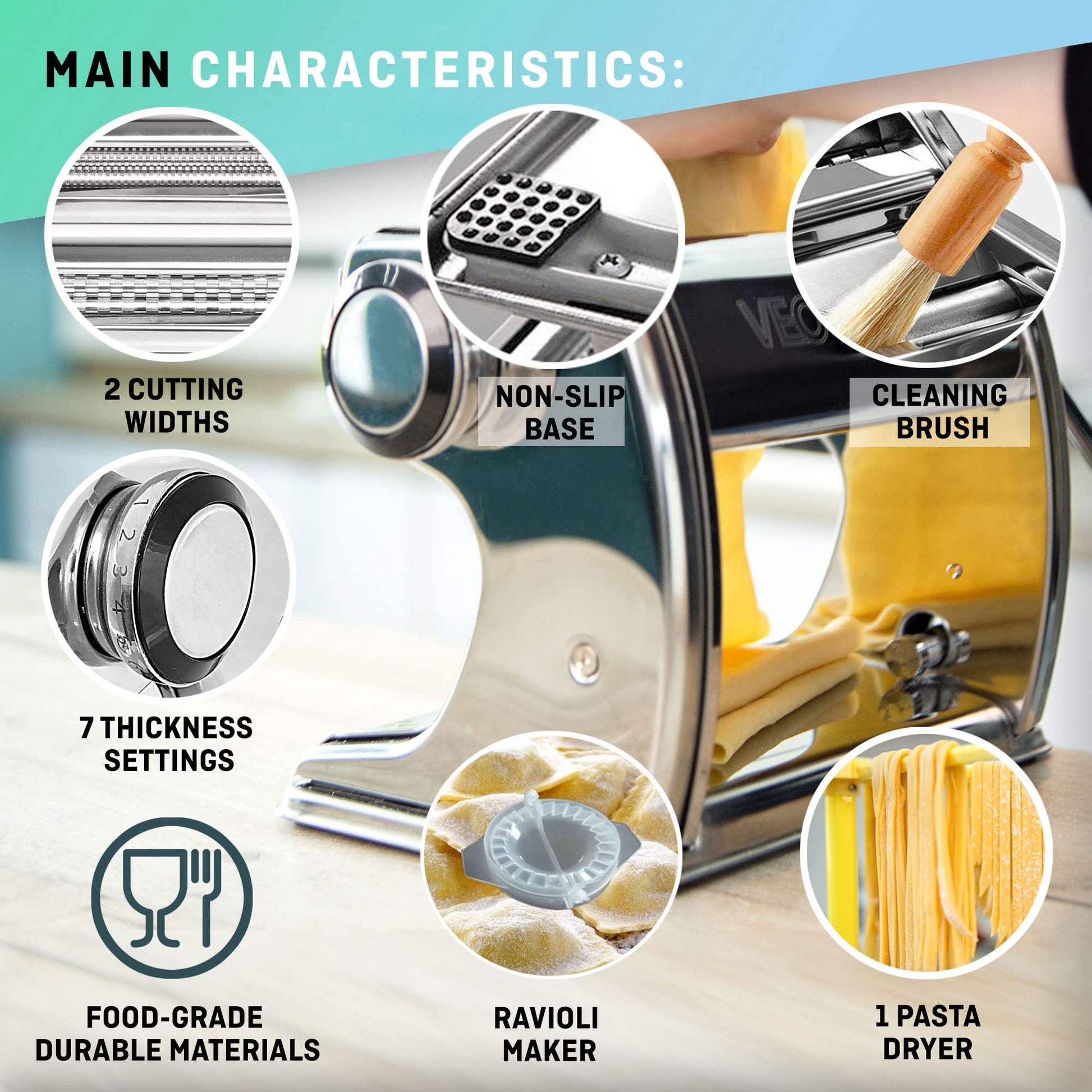 Máquina de Pasta Plana VeoHome Acero Inoxidable Ajustable con Cortador para Fideos Caseros Frescos