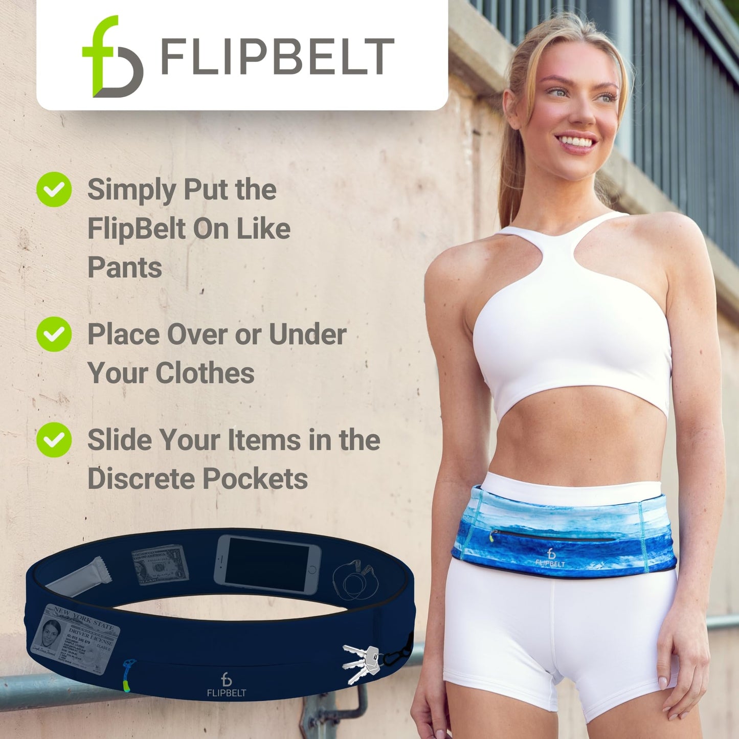 Cinturón FlipBelt azul medianoche con cierre para correr y fitness para Mujeres y Hombres