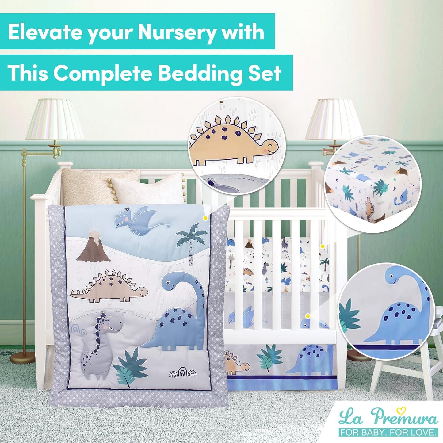 La Premura - Juego de cama para cuna de bebé para niños, juego de edredón de 3 piezas de tamaño estándar de dinosaurio, gris/azul, ropa de cama unisex para guardería y decoración neutra