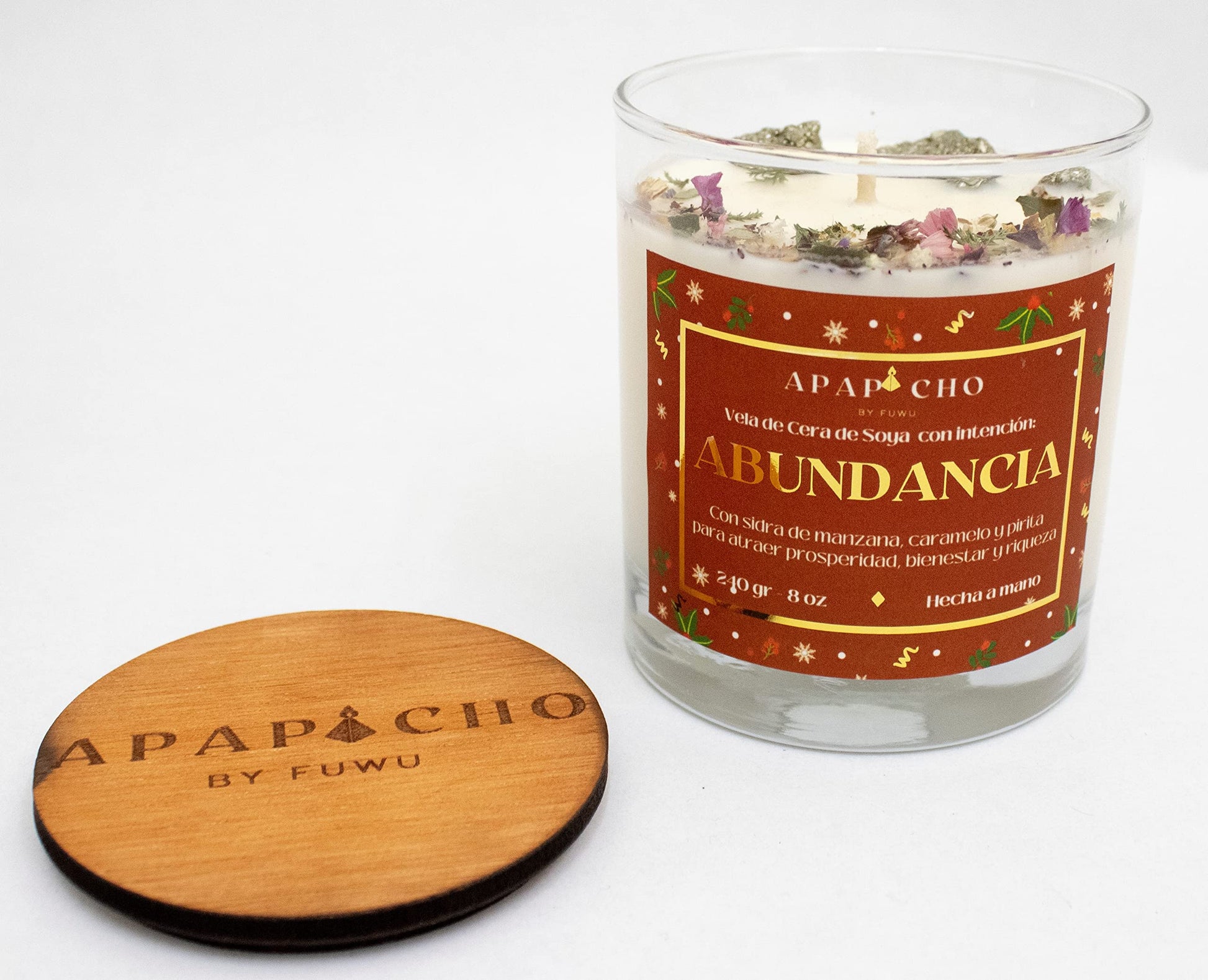 Fuwu, velas aromaticas edicion navidad de cera de soya con cuarzos naturales, velas decorativas hechas a mano con flores secas para decoracion navidad o regalos navideños Sidra de Manzana con caramelo