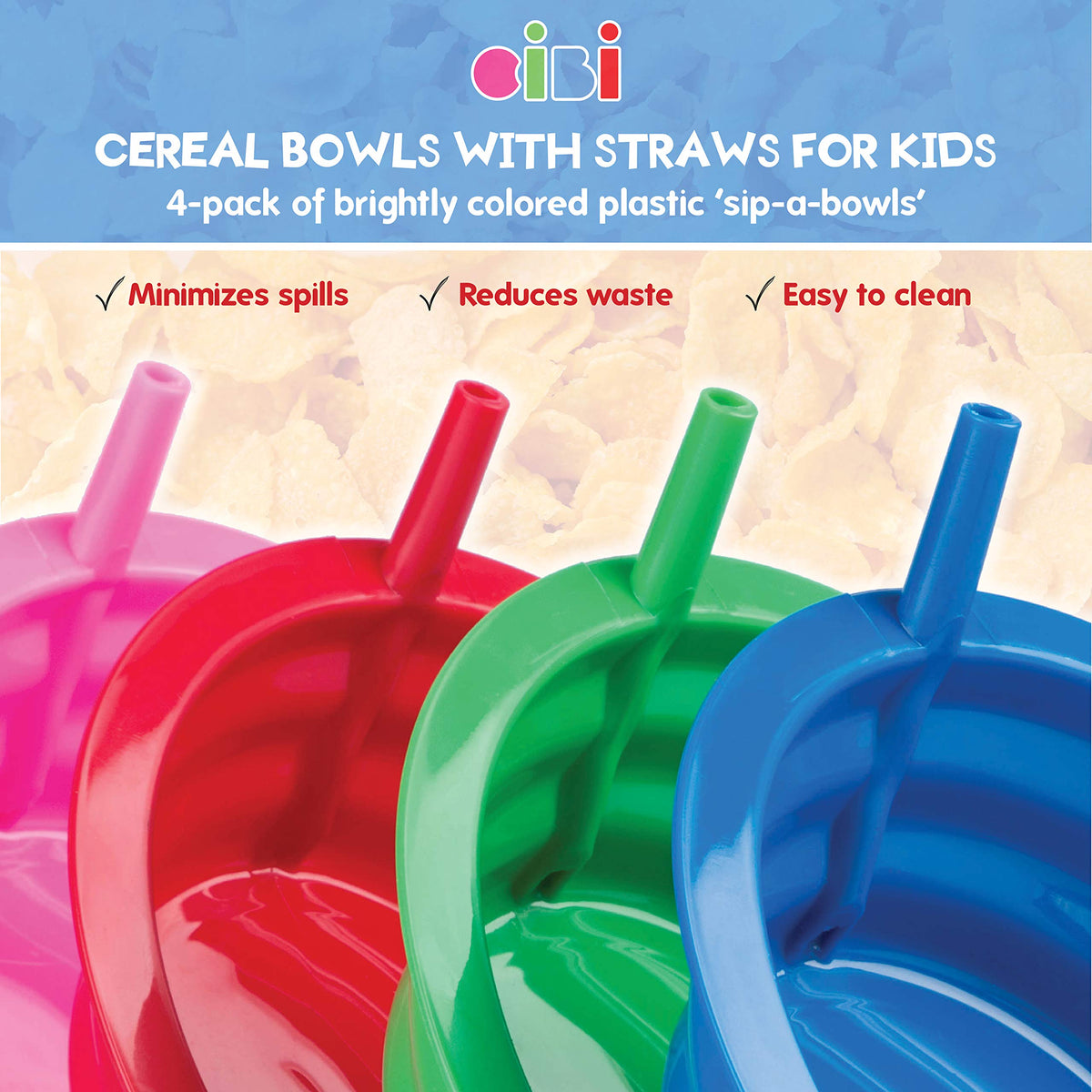 Cibi - Cuencos de cereales con pajitas para niños de plástico sin BPA | Tazones para niños pequeños con pajita integrada para cereales y sopa | Juego de 4 cuencos coloridos para desayuno..